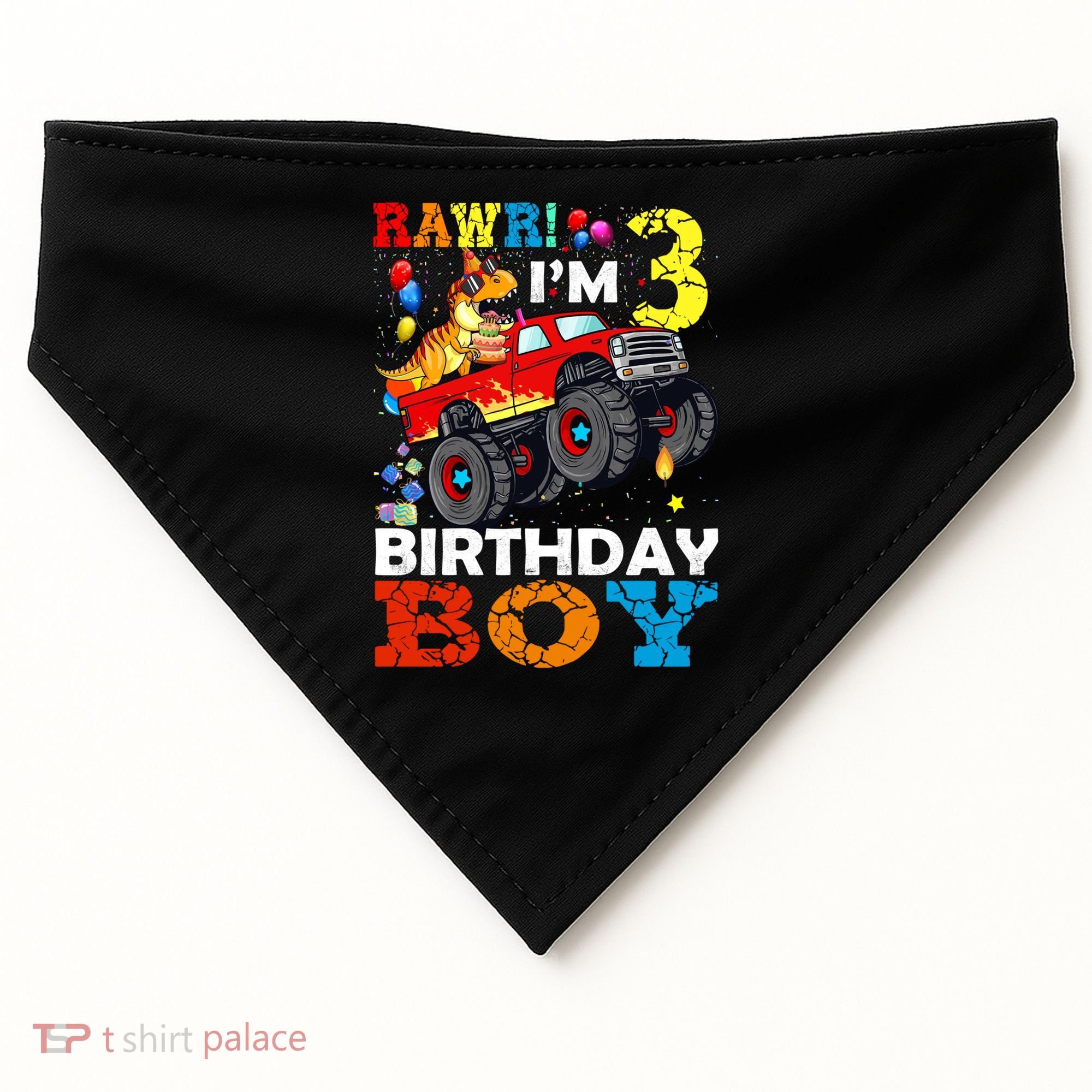 3 Year Old Funny Gift 3rd Birthday Boy Dinosaur Monster Truck Gift USA-Made Doggie Bandana