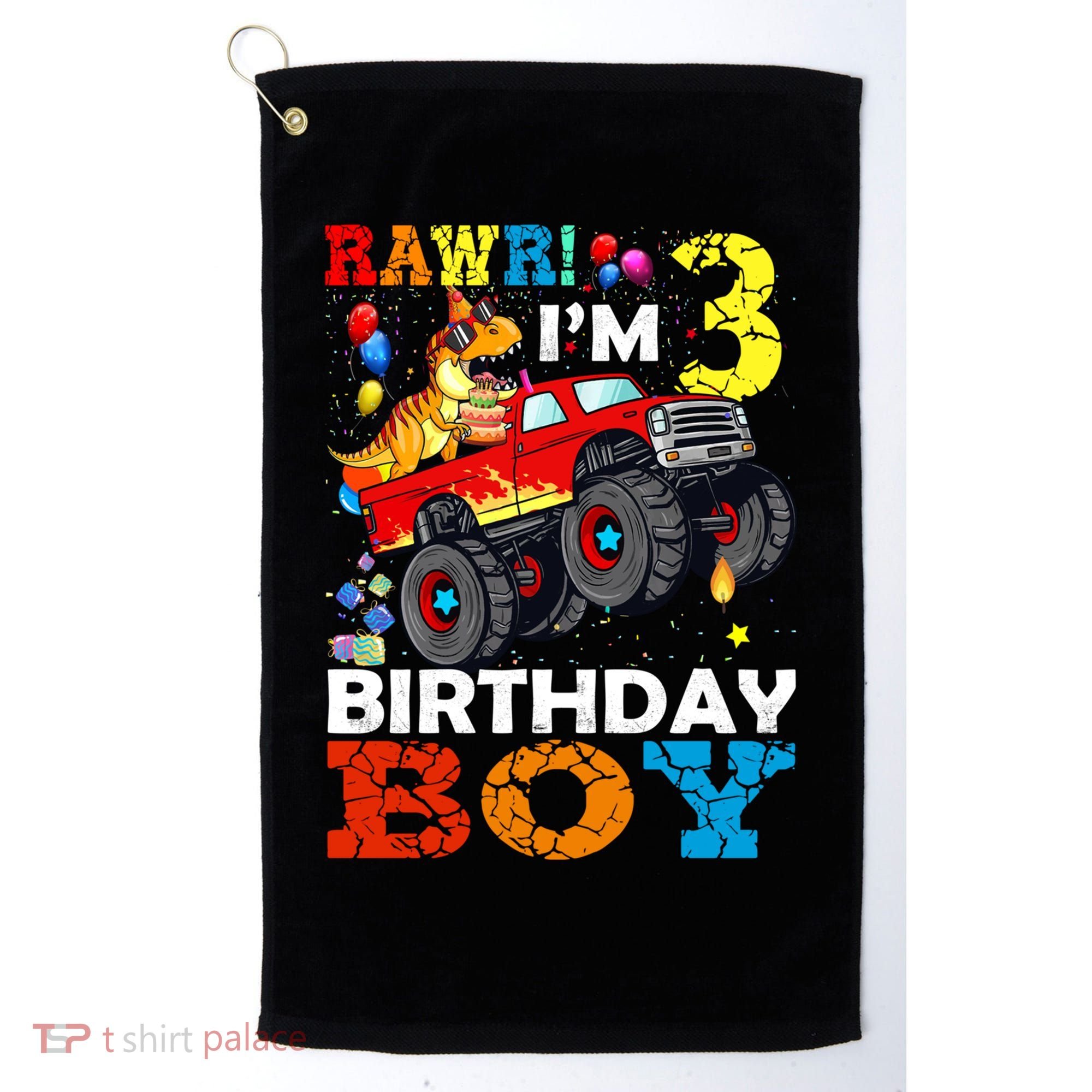 3 Year Old Funny Gift 3rd Birthday Boy Dinosaur Monster Truck Gift Golf Towel
