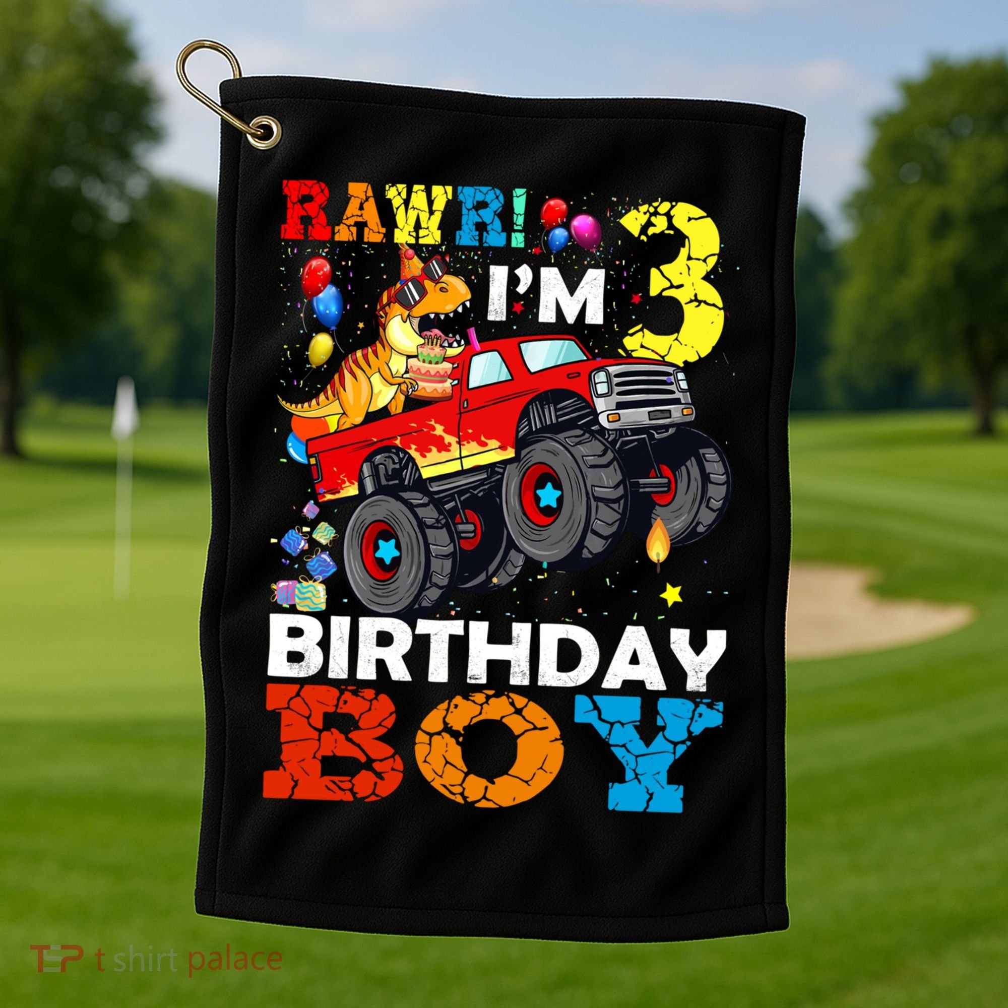 3 Year Old Funny Gift 3rd Birthday Boy Dinosaur Monster Truck Gift Golf Towel