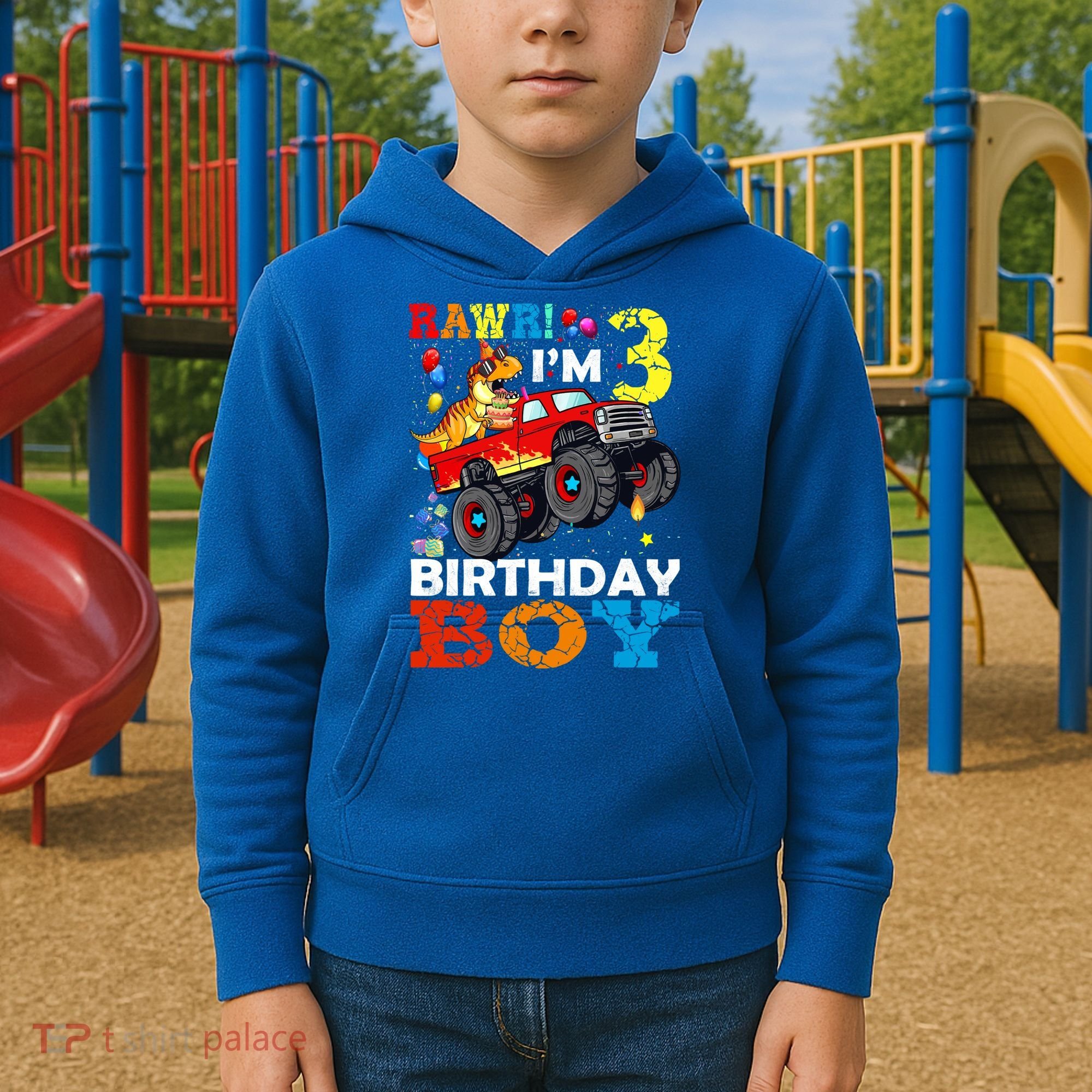 3 Year Old Funny Gift 3rd Birthday Boy Dinosaur Monster Truck Gift Kids Hoodie