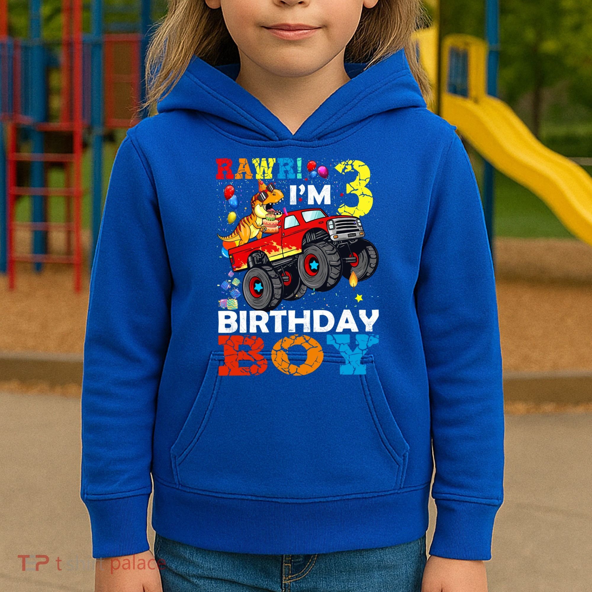3 Year Old Funny Gift 3rd Birthday Boy Dinosaur Monster Truck Gift Kids Hoodie