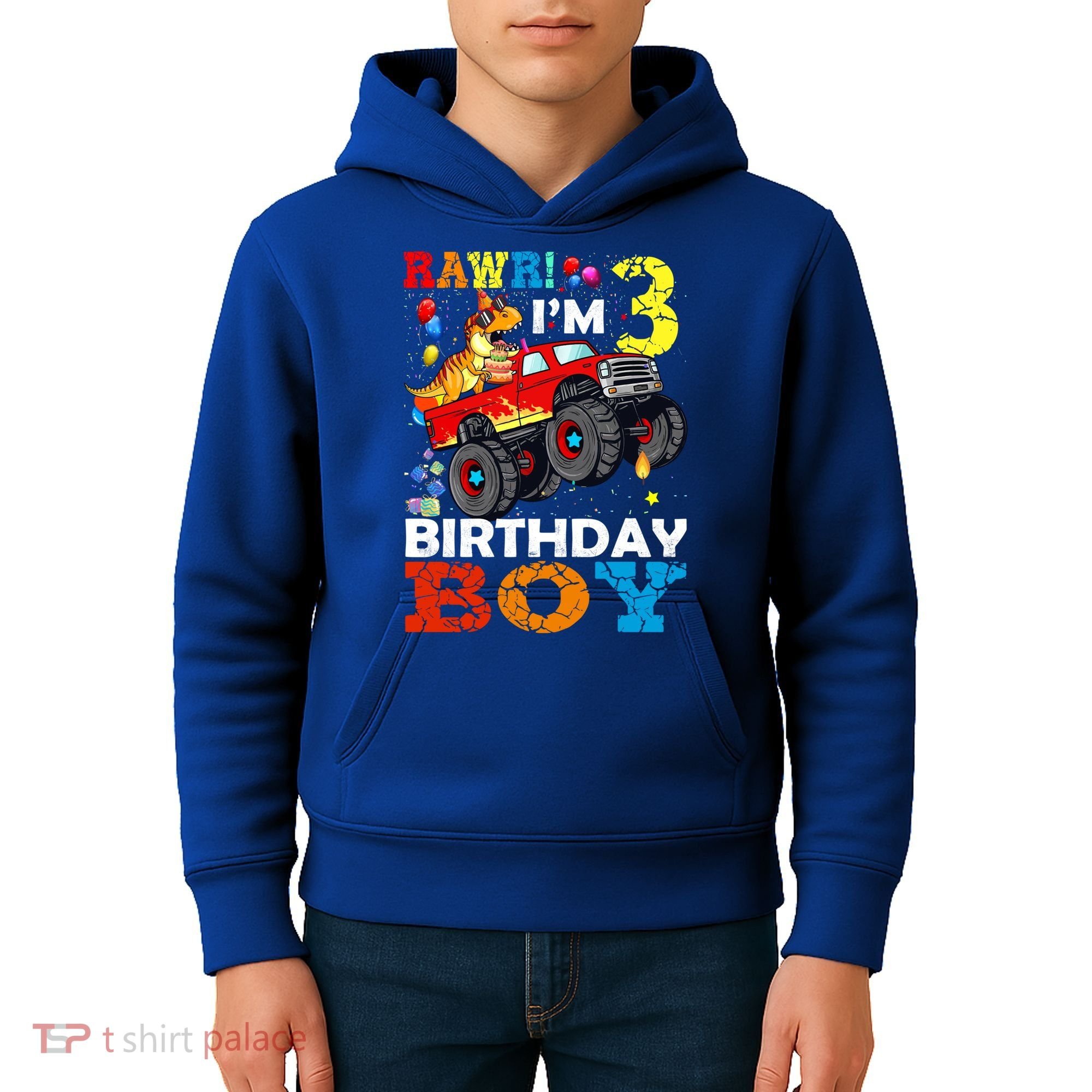 3 Year Old Funny Gift 3rd Birthday Boy Dinosaur Monster Truck Gift Kids Hoodie