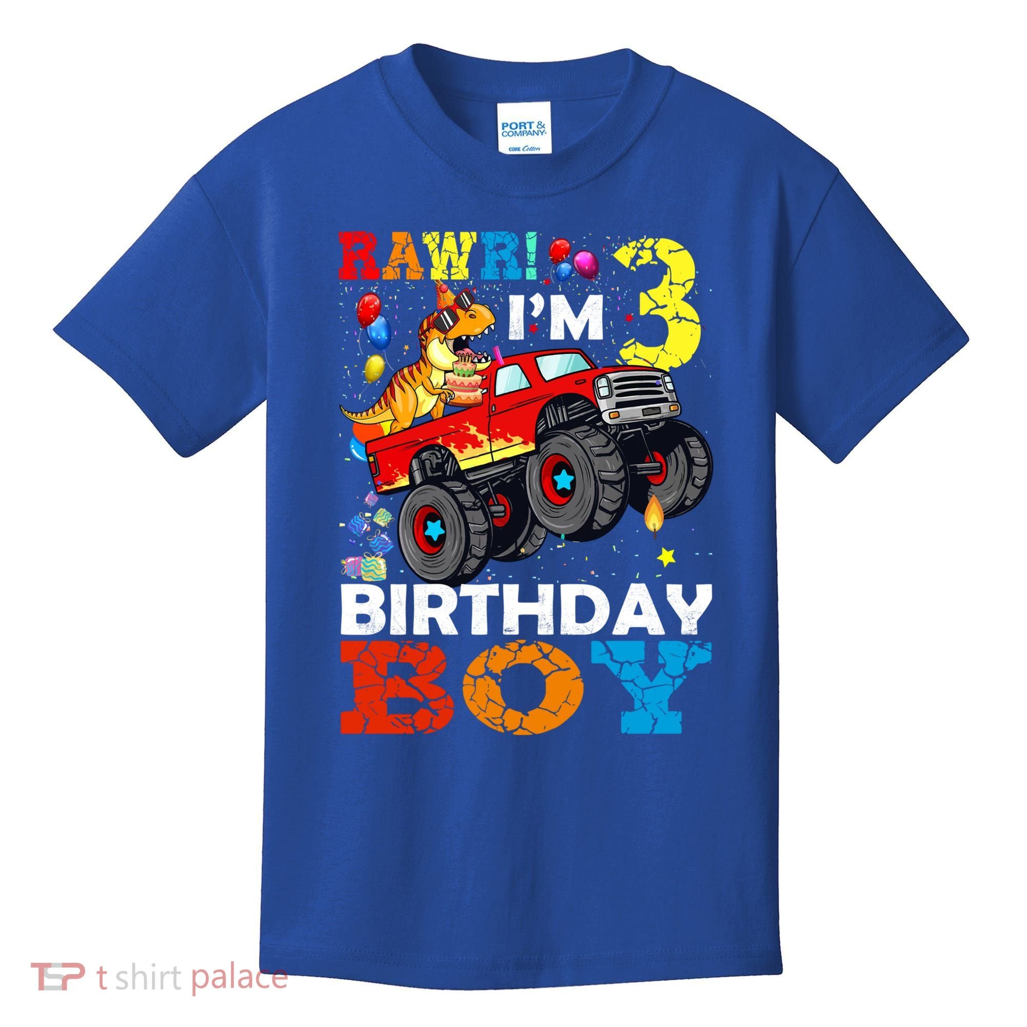 3 Year Old Funny Gift 3rd Birthday Boy Dinosaur Monster Truck Gift Kids T-Shirt