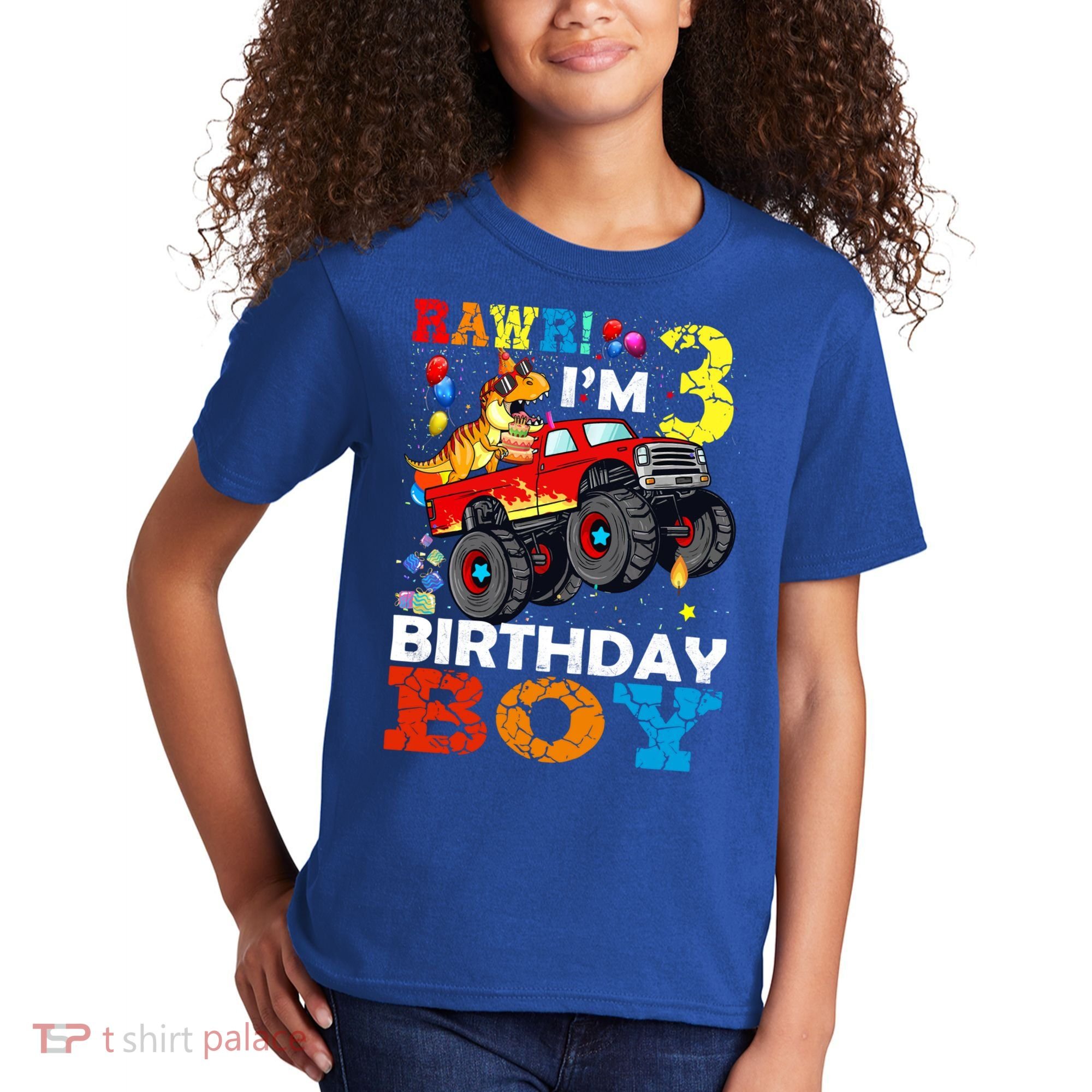 3 Year Old Funny Gift 3rd Birthday Boy Dinosaur Monster Truck Gift Kids T-Shirt
