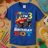 3 Year Old Funny Gift 3rd Birthday Boy Dinosaur Monster Truck Gift Kids T-Shirt thumb 3