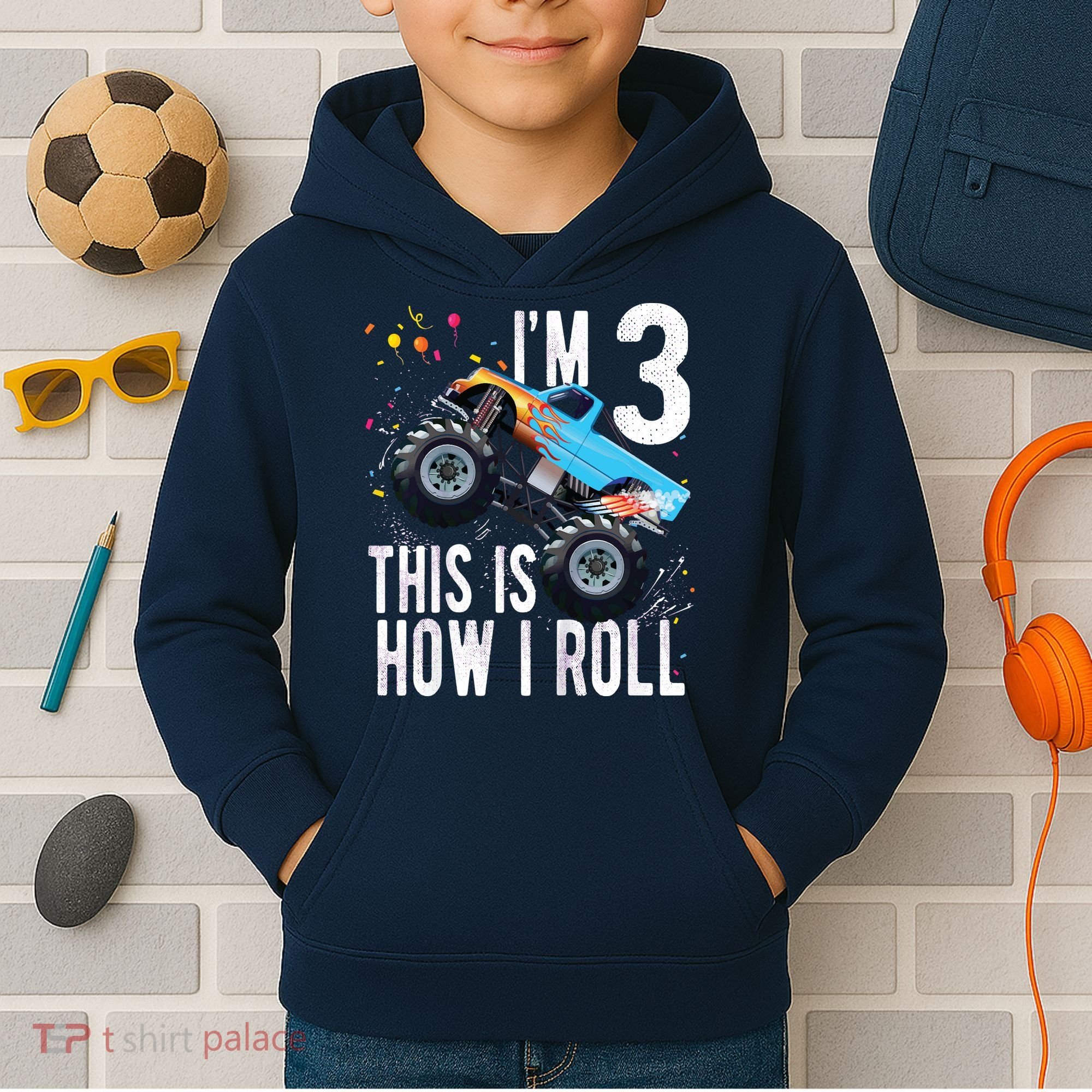 3 Year Old Shirt 3rd Birthday Boy Monster Truck Car Kids Hoodie