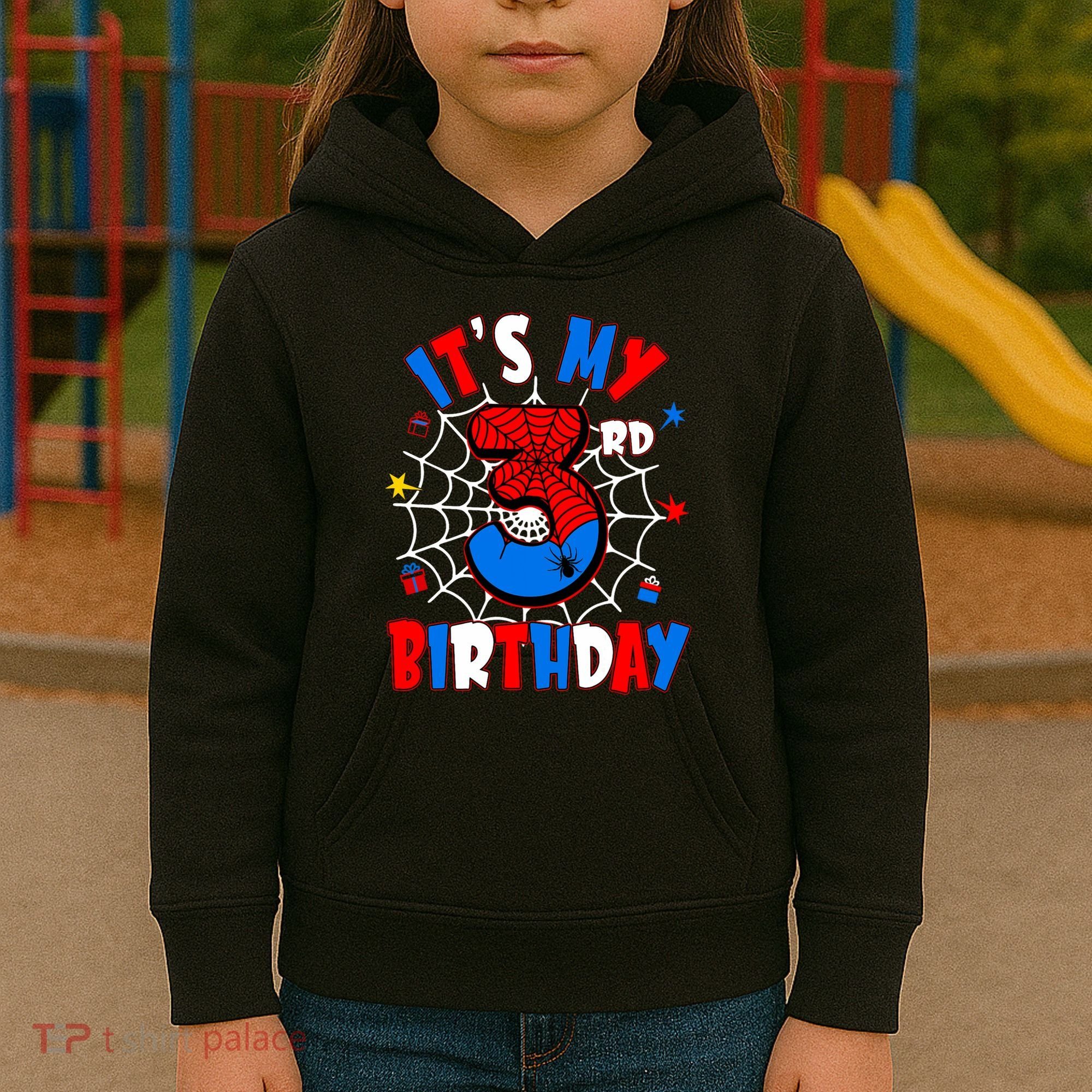 3 Years Old It_s My 3rd Birthday Spider Theme Party Kids Hoodie