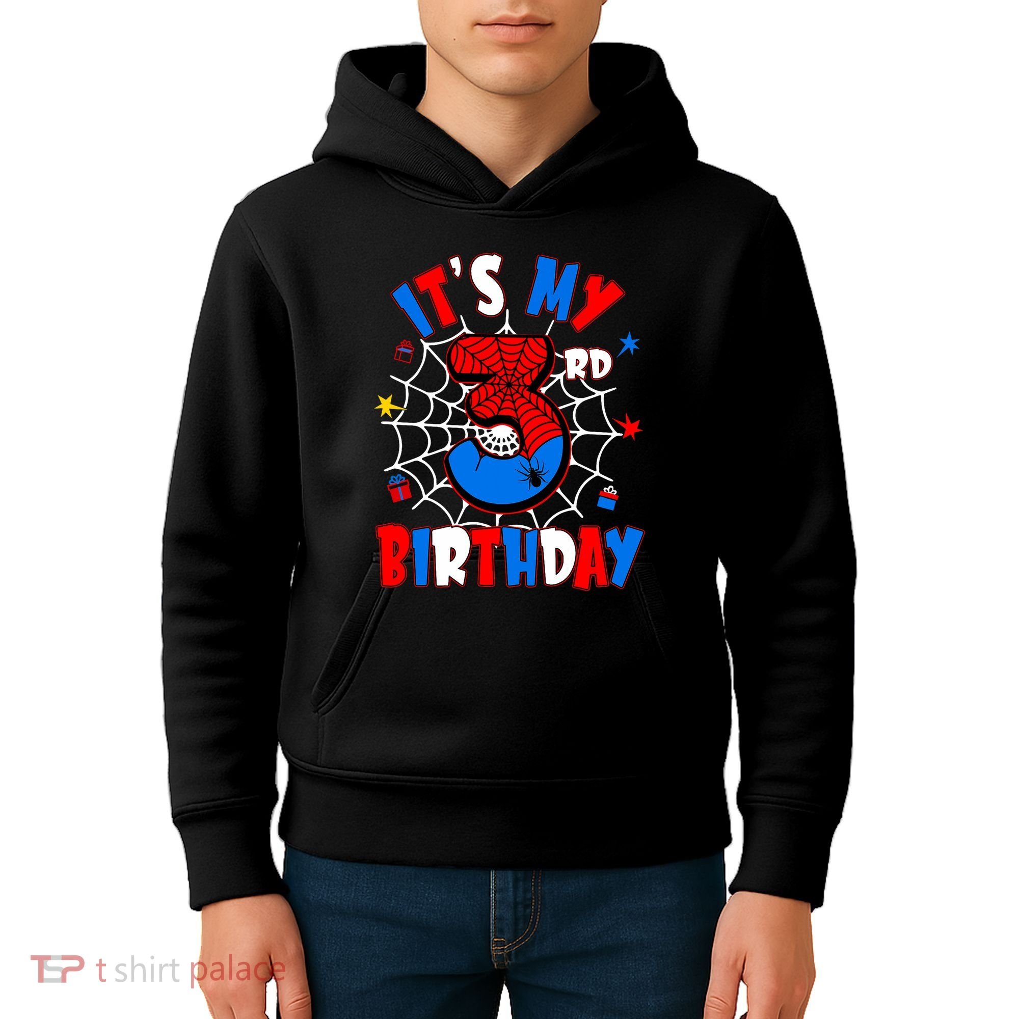 3 Years Old It_s My 3rd Birthday Spider Theme Party Kids Hoodie