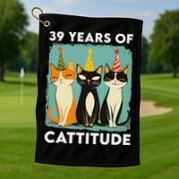39 Years Of Cattitude 39th Birthday Cat Lover 39 Years Old Golf Towel thumb 1