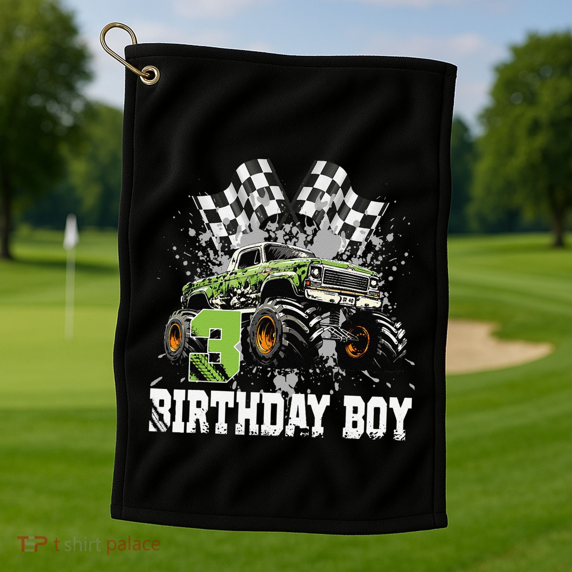3 Year Old 3rd Birthday Boy Monster Truck Car Gift Golf Towel