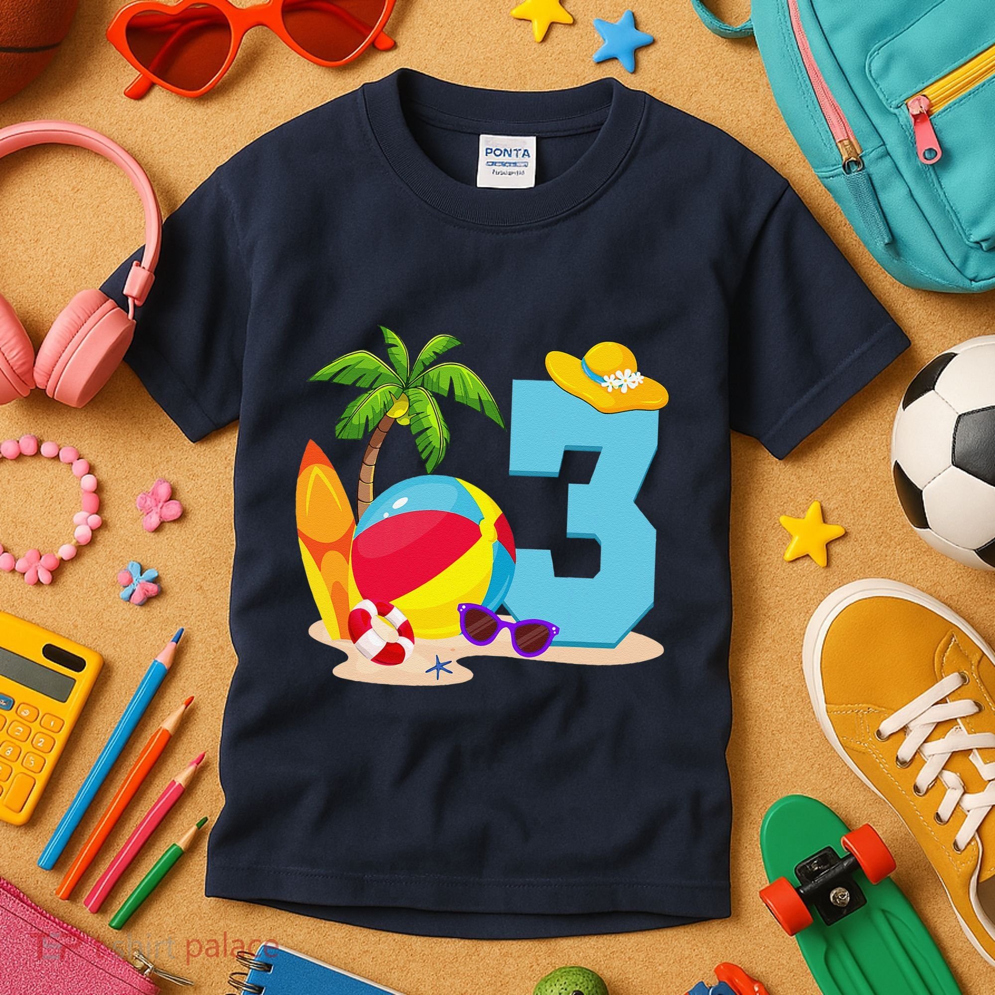 3 Year Old Beach Ball Pool Party Birthday Summer Vacation Kids T-Shirt