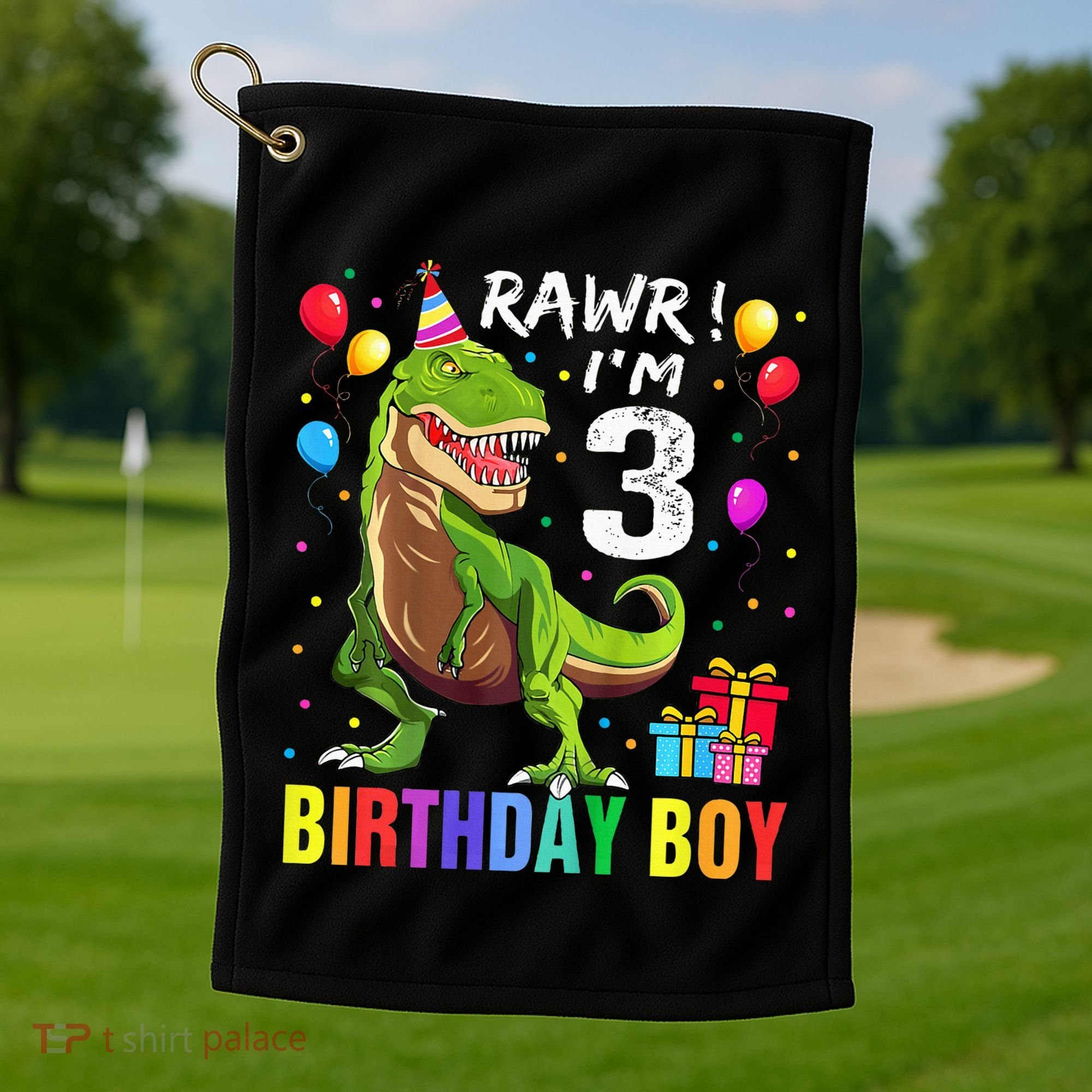 3 Year Old 3rd Birthday T Rex Dinosaur Golf Towel
