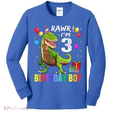 3 Year Old 3rd Birthday T Rex Dinosaur Kids Long Sleeve Shirt
