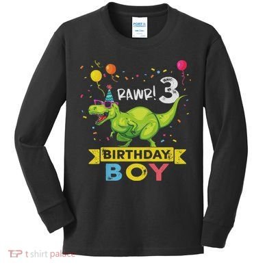3 Year Old 3rd Birthday Boy T Rex Dinosaur Kids Long Sleeve Shirt
