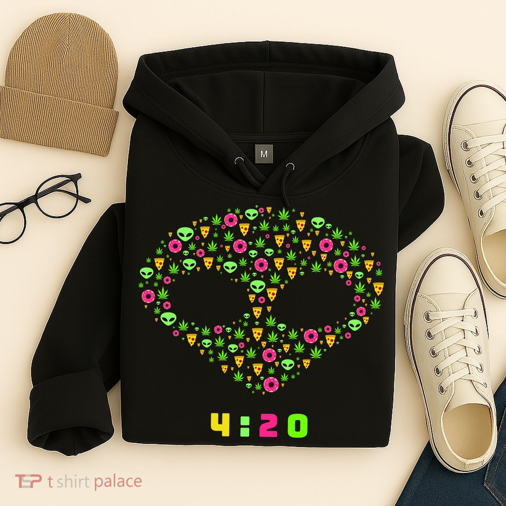420 Alien Face Marijuana Weed With Pizza and Donuts Hoodie