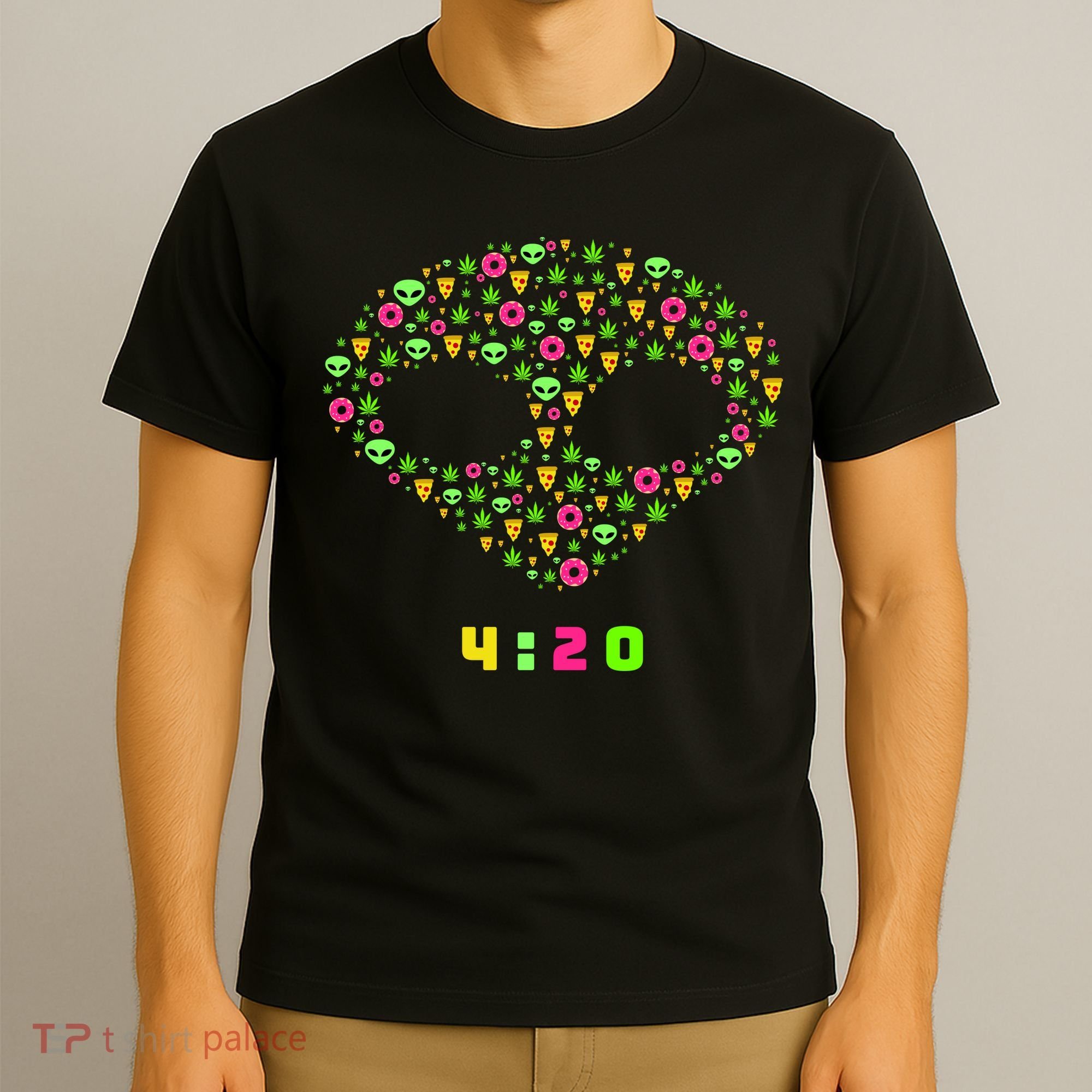 420 Alien Face Marijuana Weed With Pizza and Donuts T-Shirt