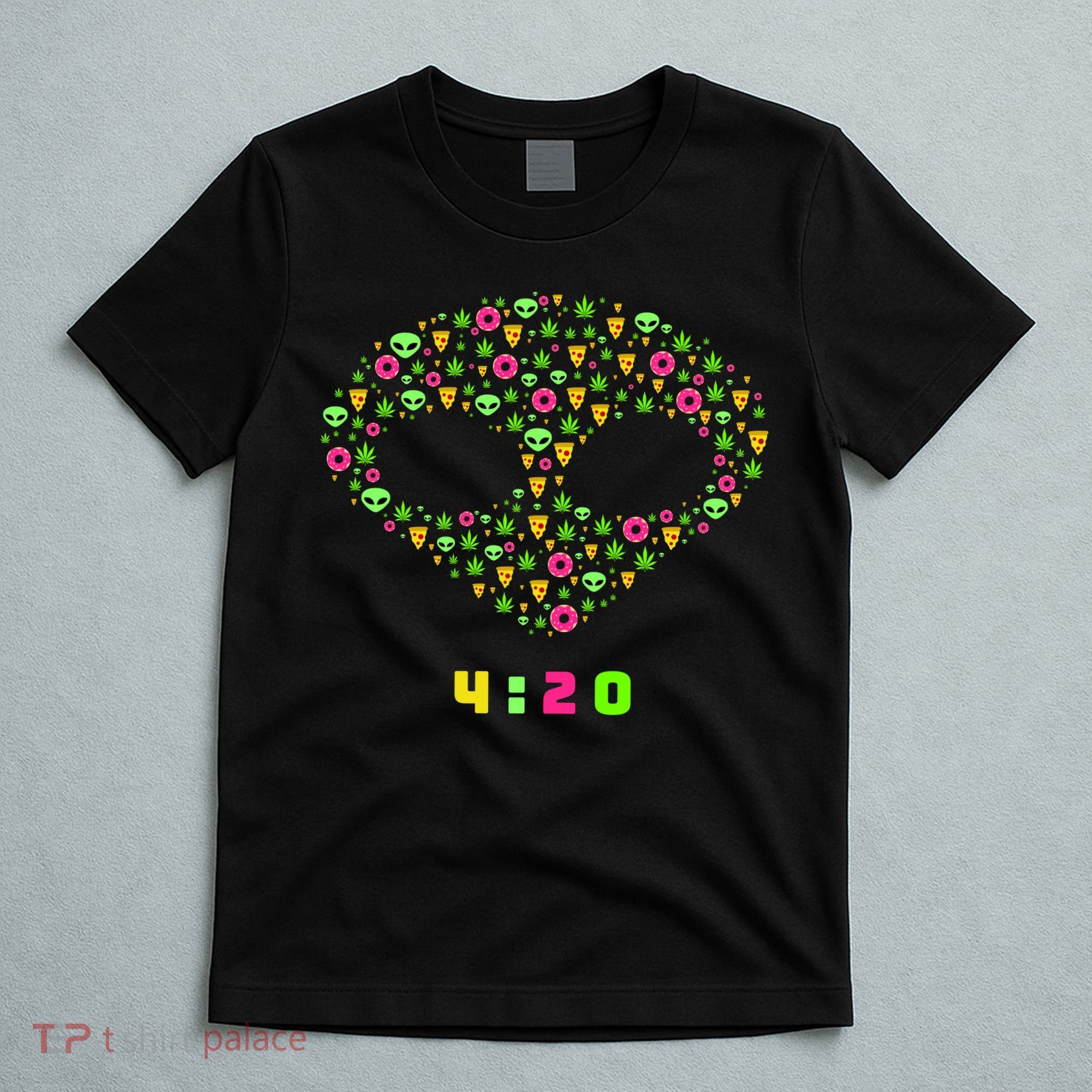420 Alien Face Marijuana Weed With Pizza and Donuts T-Shirt