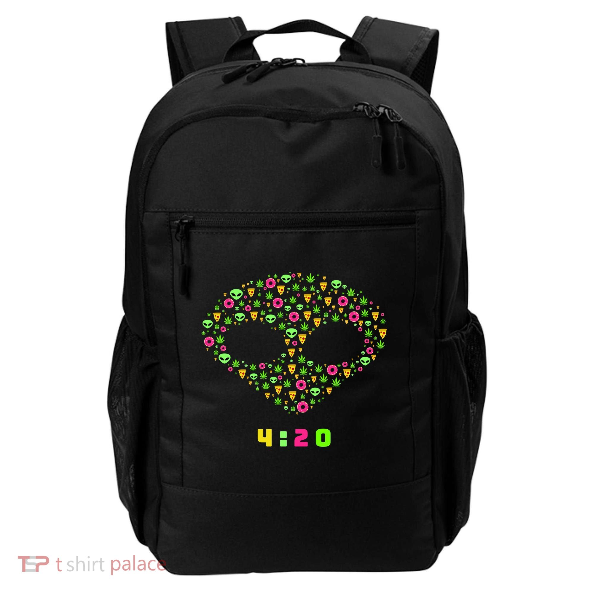 420 Alien Face Marijuana Weed With Pizza and Donuts Backpack