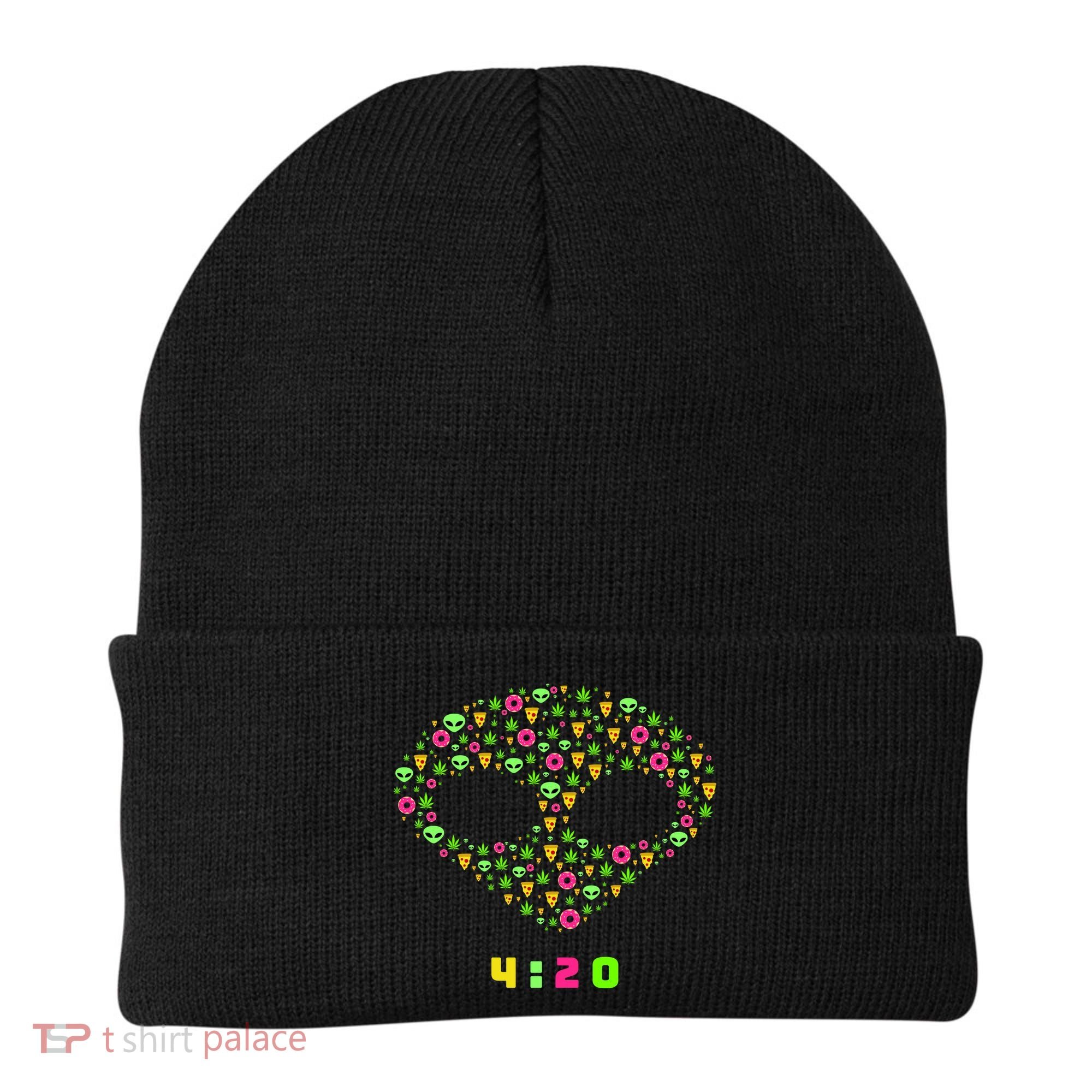 420 Alien Face Marijuana Weed With Pizza and Donuts Beanie