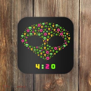 420 Alien Face Marijuana Weed With Pizza and Donuts Coaster