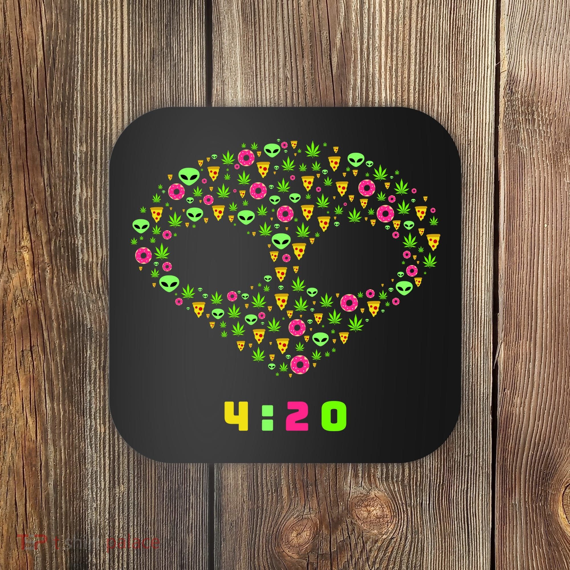 420 Alien Face Marijuana Weed With Pizza and Donuts Coaster