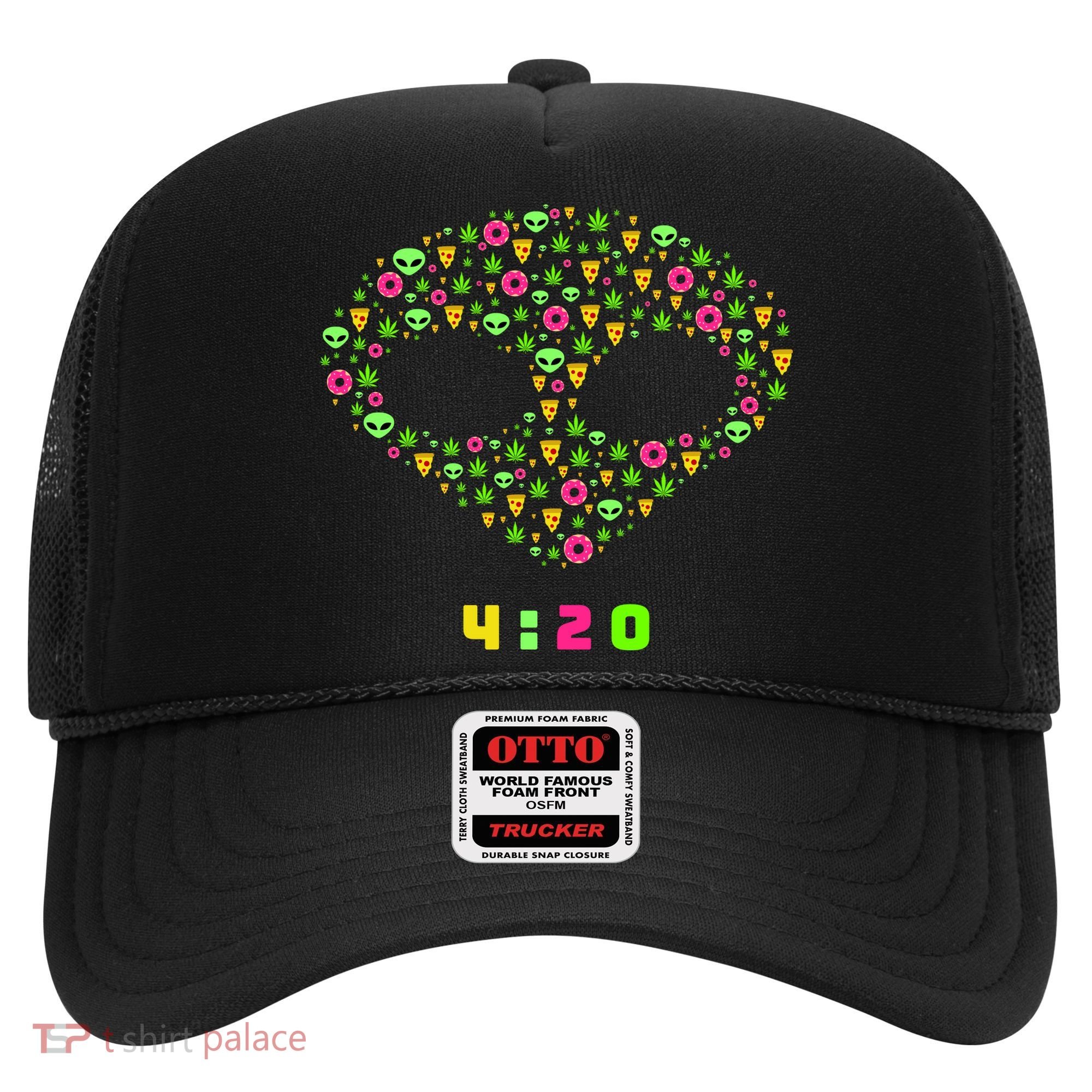420 Alien Face Marijuana Weed With Pizza and Donuts Hat