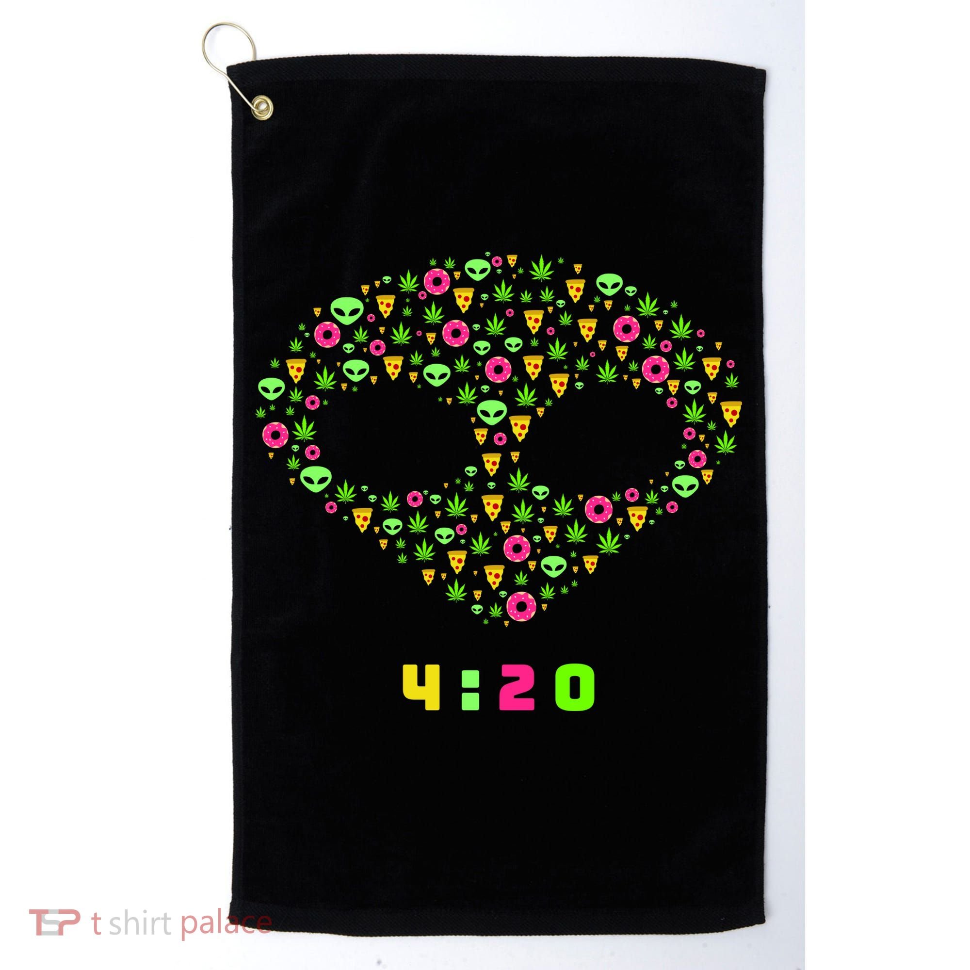 420 Alien Face Marijuana Weed With Pizza and Donuts Golf Towel