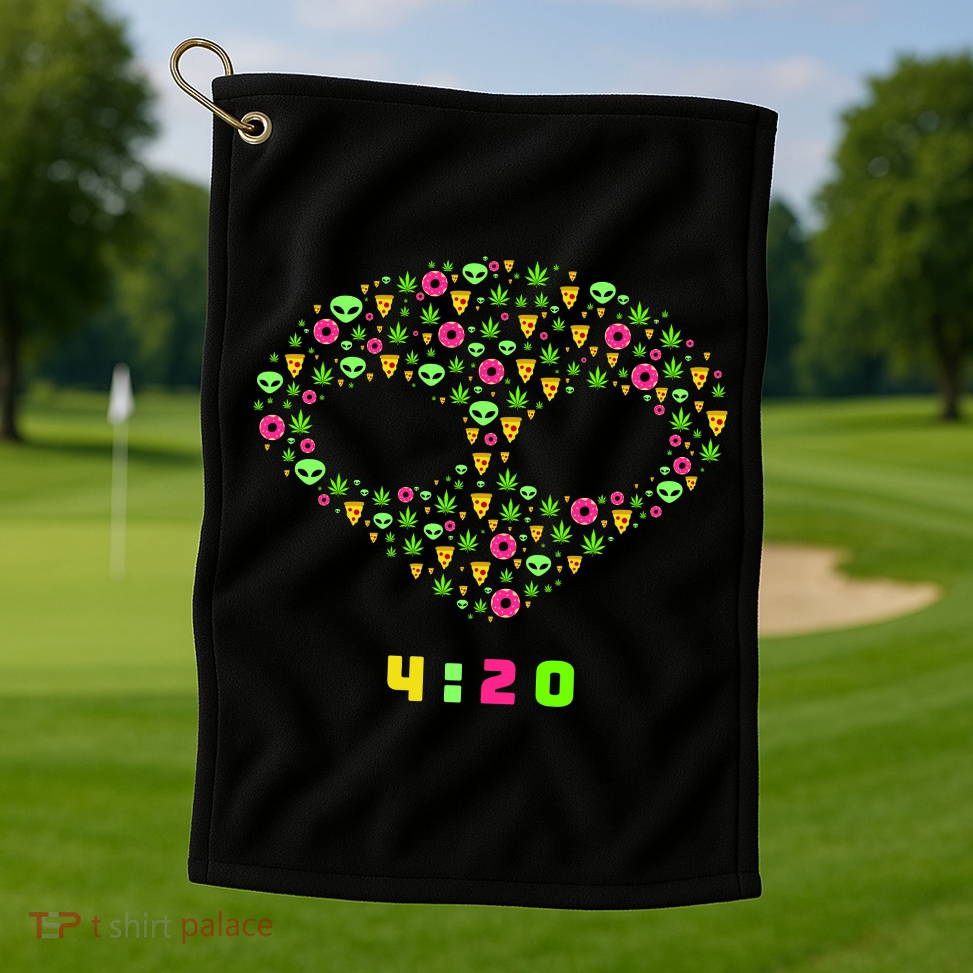 420 Alien Face Marijuana Weed With Pizza and Donuts Golf Towel