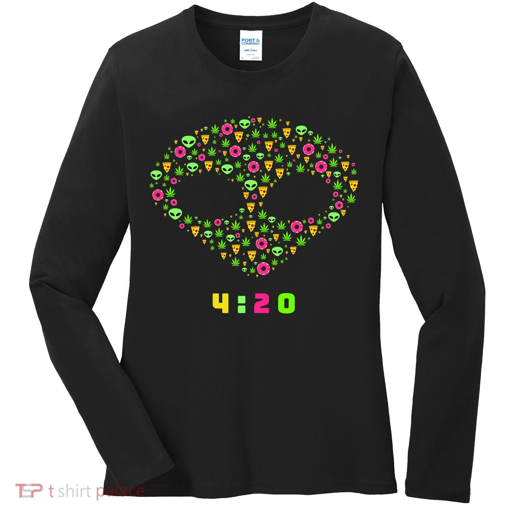 420 Alien Face Marijuana Weed With Pizza and Donuts Women's Long Sleeve Shirt
