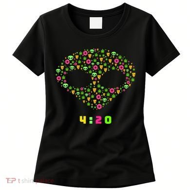 420 Alien Face Marijuana Weed With Pizza and Donuts Women's T-Shirt