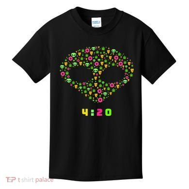420 Alien Face Marijuana Weed With Pizza and Donuts Kids T-Shirt
