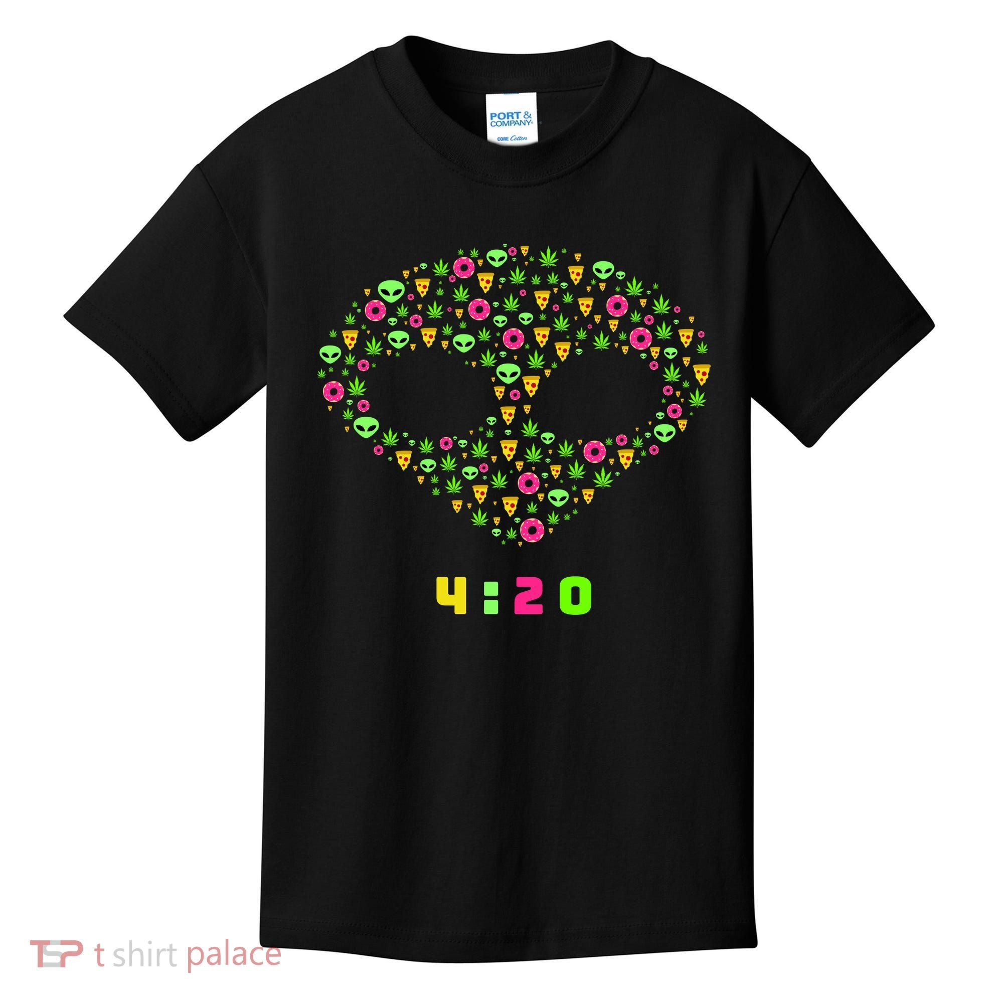 420 Alien Face Marijuana Weed With Pizza and Donuts Kids T-Shirt