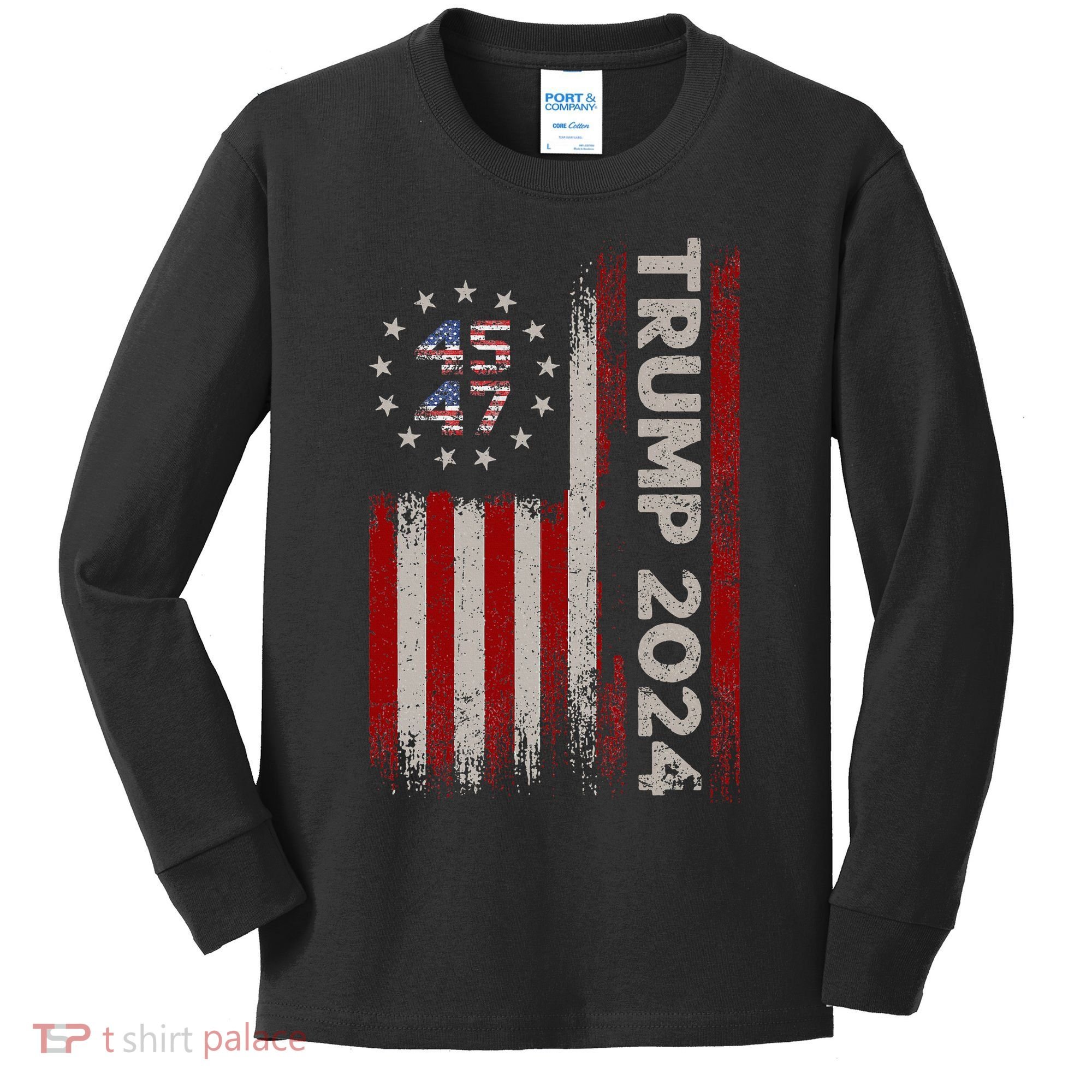 45 47 Trump 2024 American Flag Kids Long Sleeve Shirt