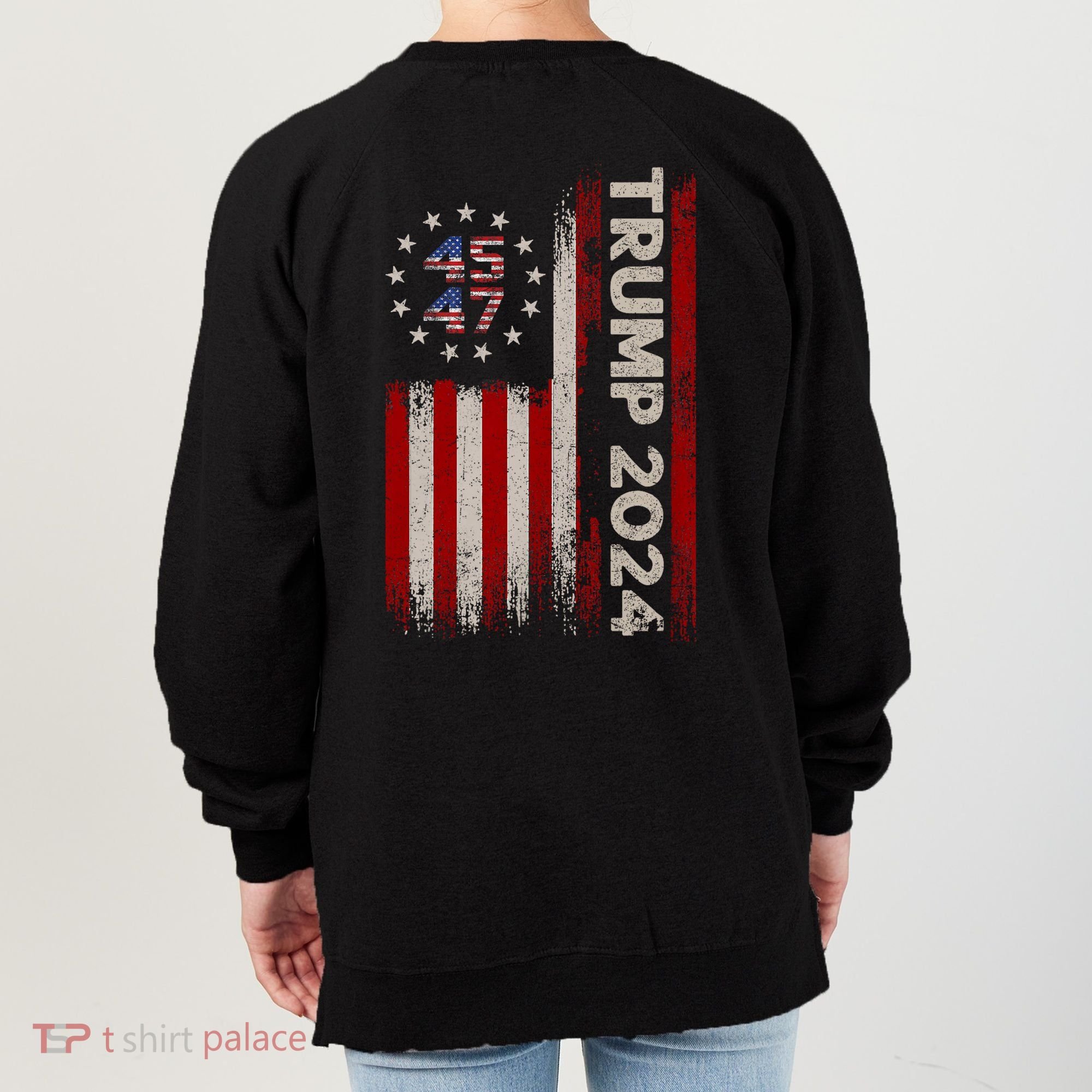 45 47 Trump 2024 American Flag Front And Back Women's Sweatshirt
