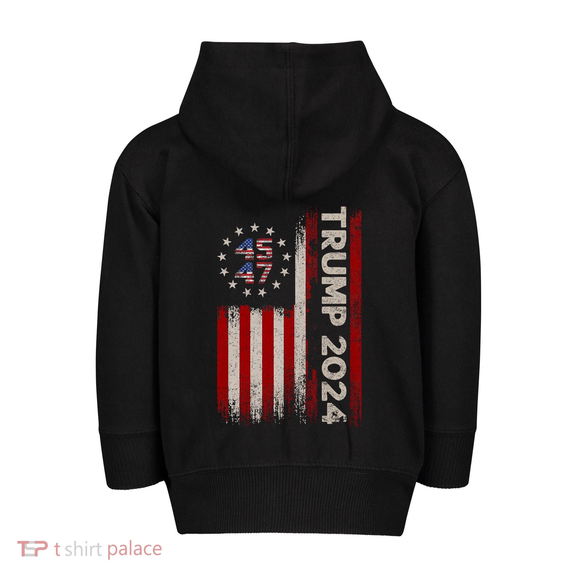 45 47 Trump 2024 American Flag Front And Back Toddler Zip Fleece Hoodie