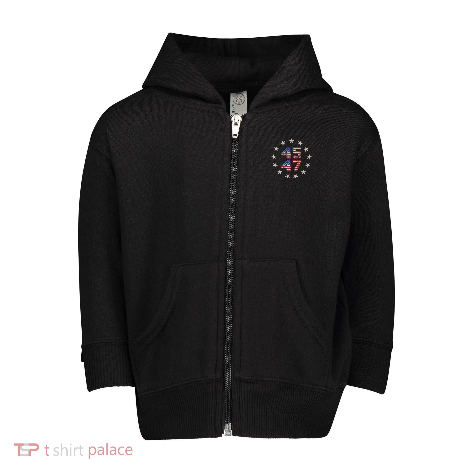 45 47 Trump 2024 American Flag Front And Back Toddler Zip Fleece Hoodie