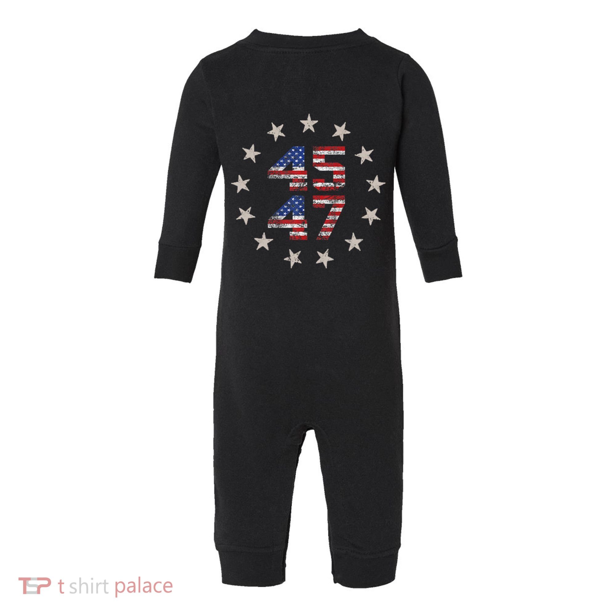 45 47 Trump 2024 American Flag Front And Back Infant Fleece One Piece