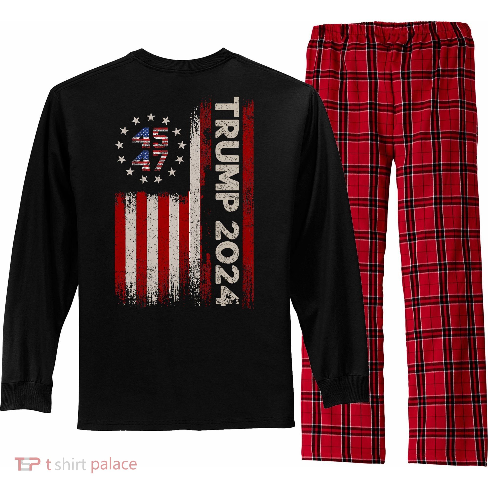 45 47 Trump 2024 American Flag Front And Back Long Sleeve Pajama Set