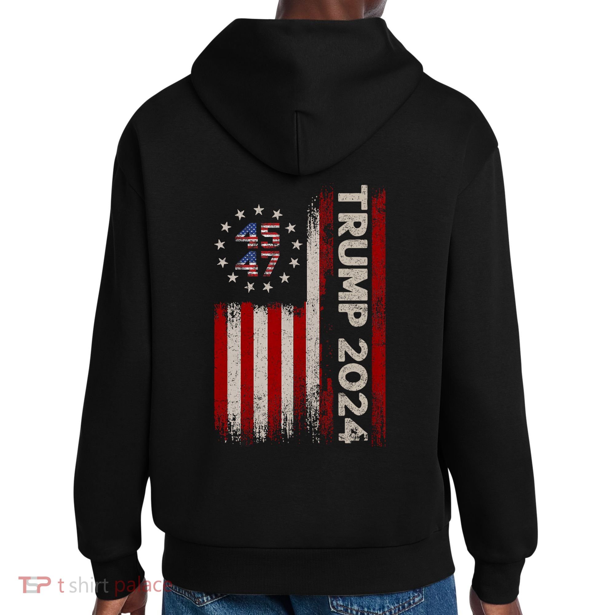 45 47 Trump 2024 American Flag Front And Back District V.I.T. Heavyweight Hoodie