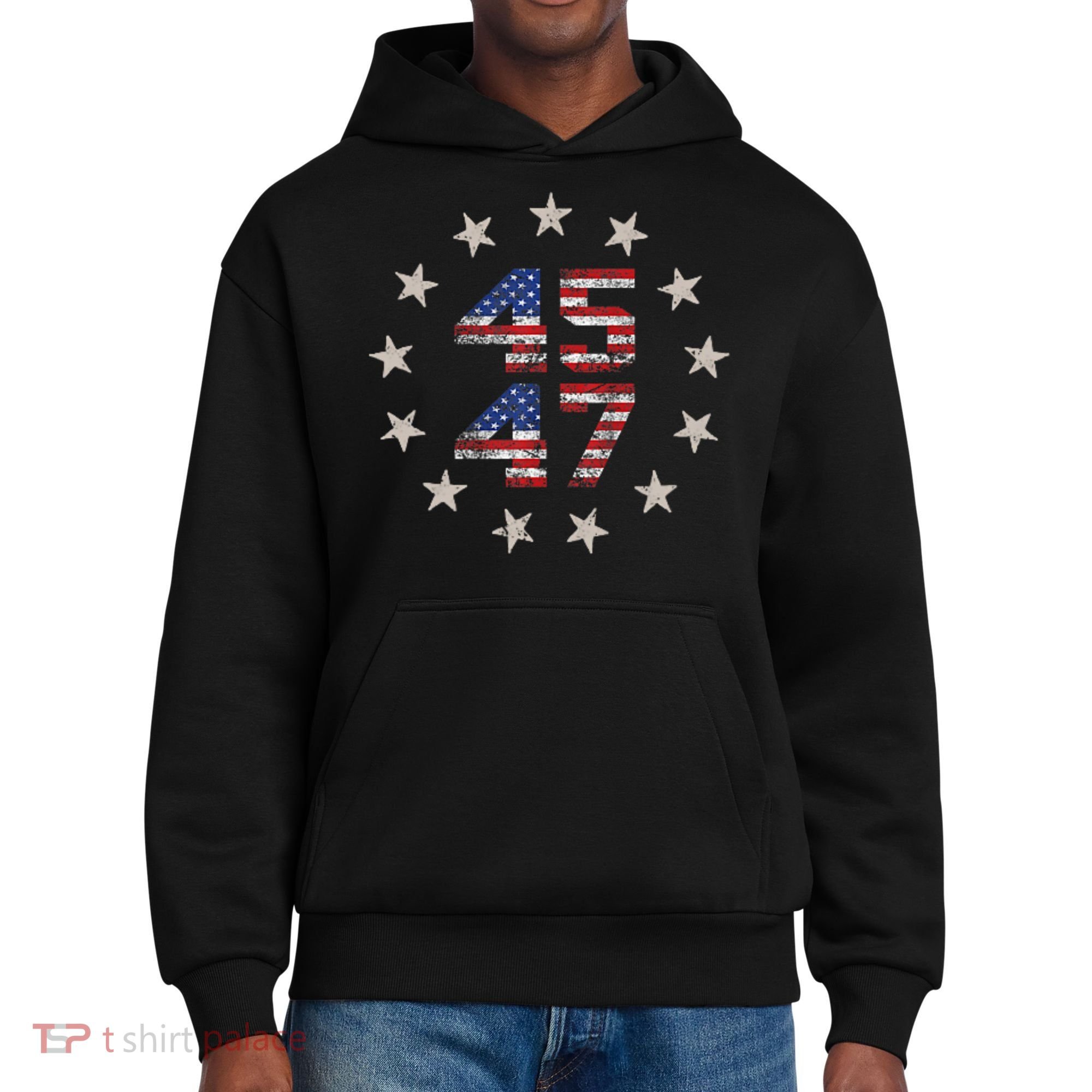 45 47 Trump 2024 American Flag Front And Back District V.I.T. Heavyweight Hoodie
