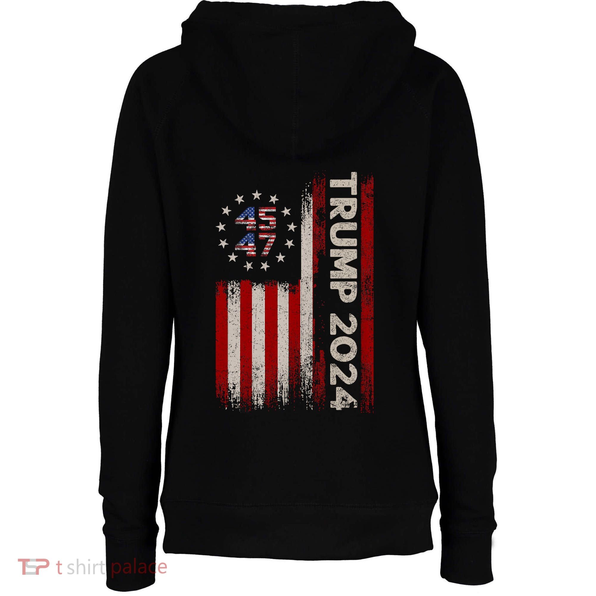 45 47 Trump 2024 American Flag Front And Back Womens Funnel Neck Pullover Hood