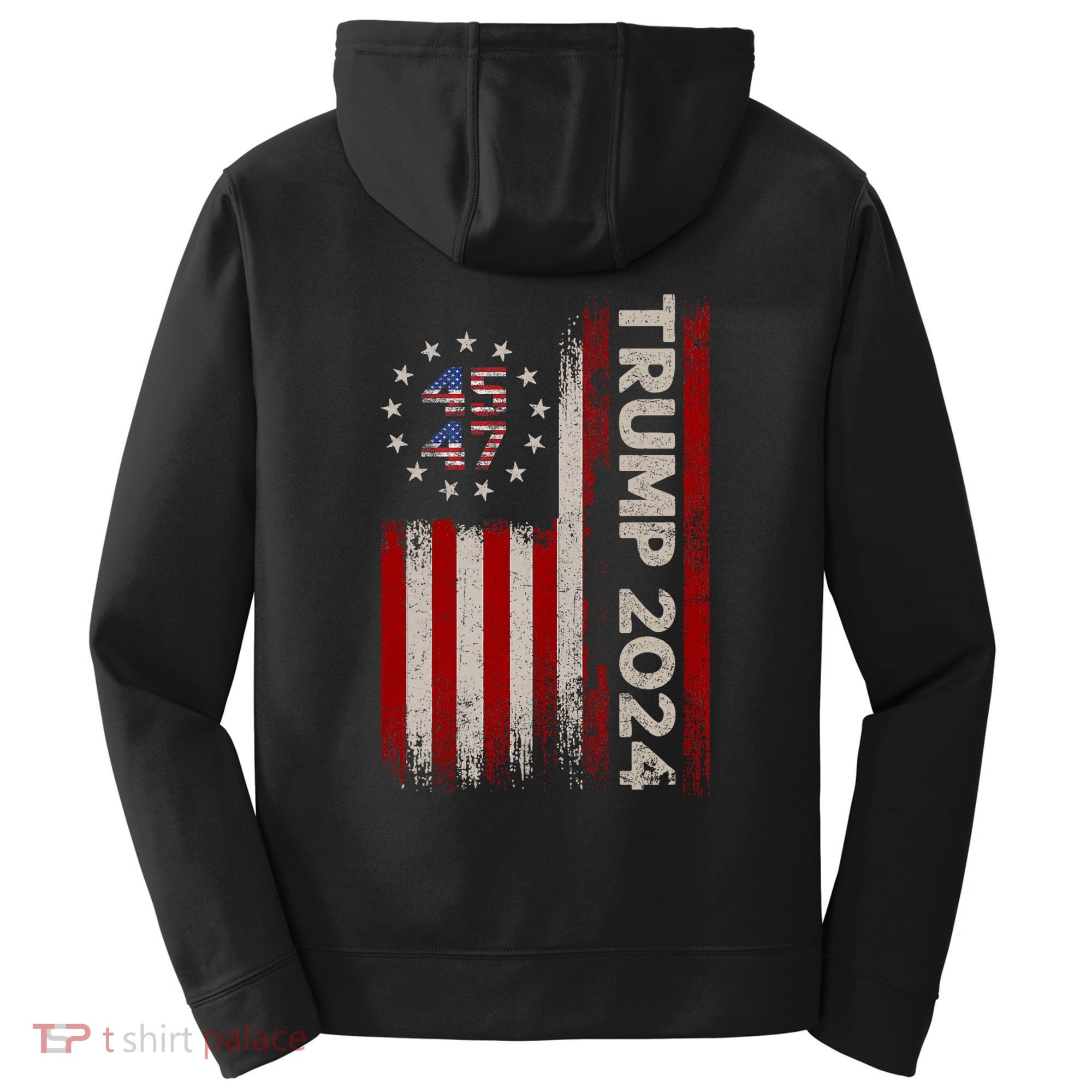 45 47 Trump 2024 American Flag Front And Back Performance Fleece Hoodie