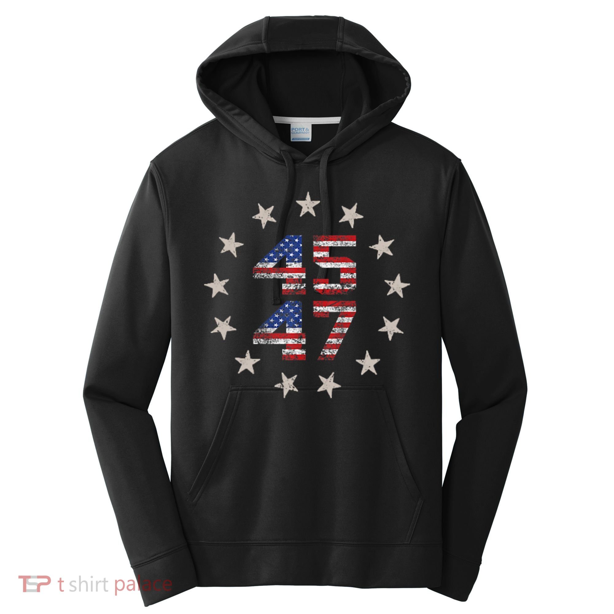 45 47 Trump 2024 American Flag Front And Back Performance Fleece Hoodie