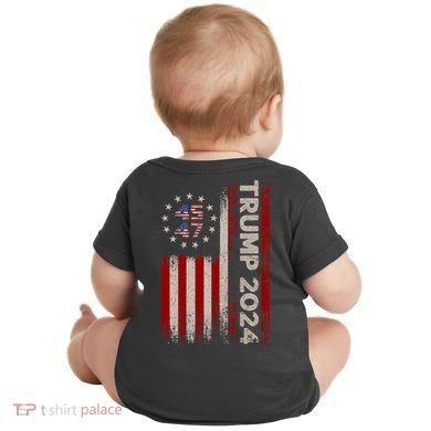 45 47 Trump 2024 American Flag Front And Back Baby Bodysuit back