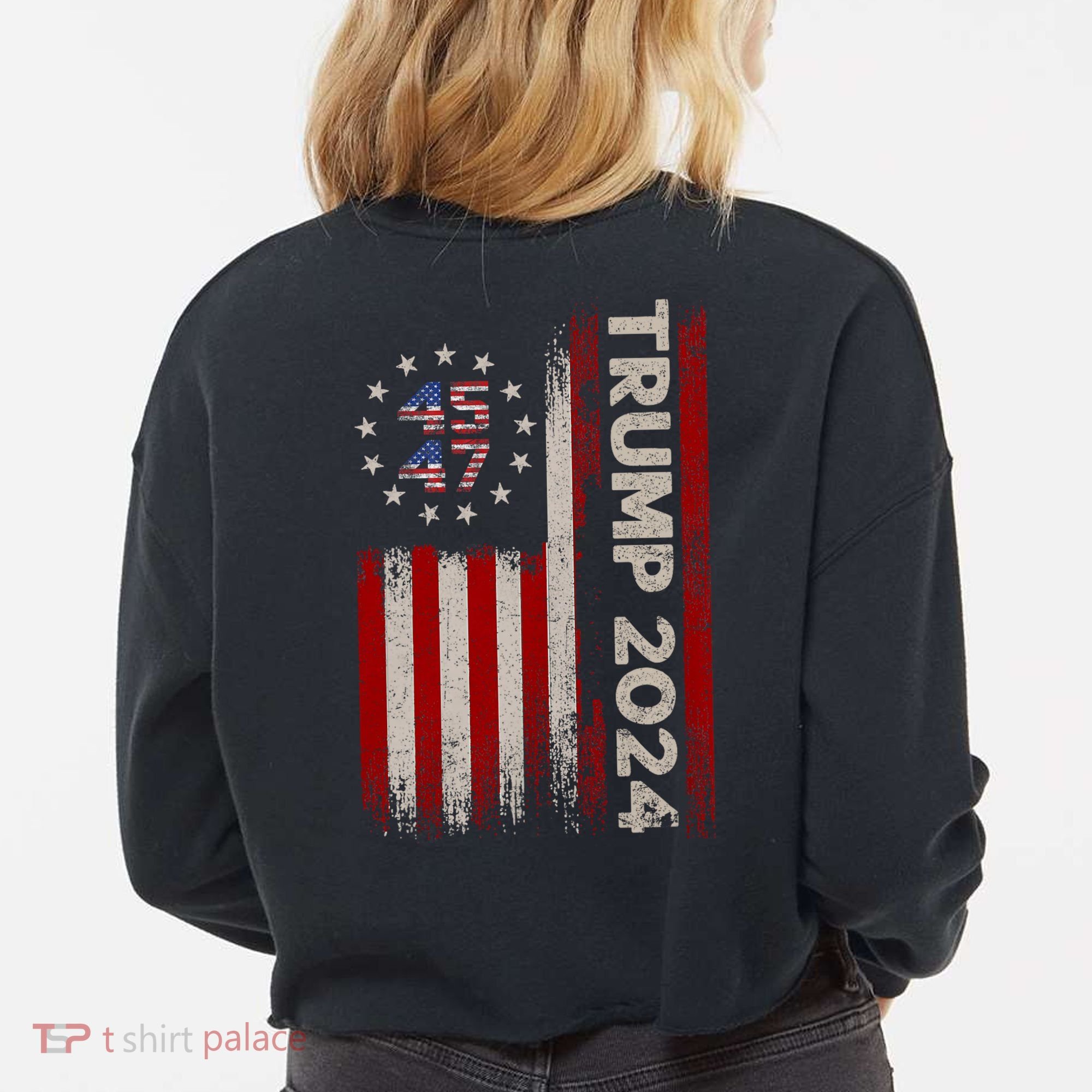45 47 Trump 2024 American Flag Front And Back Cropped Pullover Crew