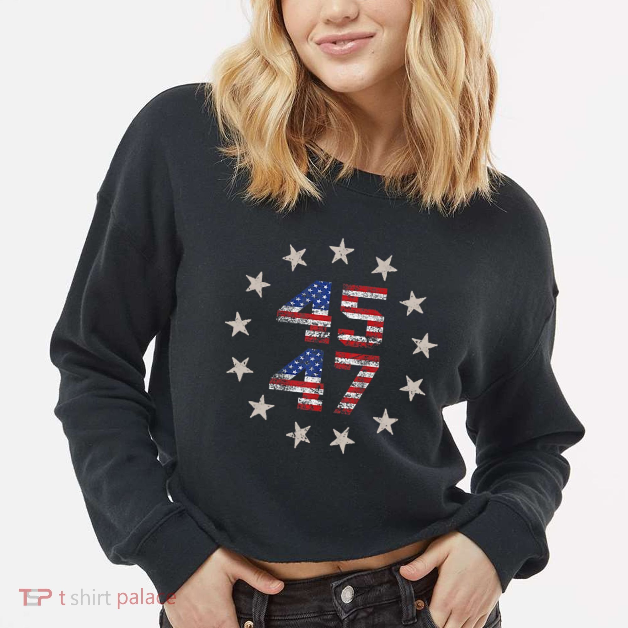 45 47 Trump 2024 American Flag Front And Back Cropped Pullover Crew