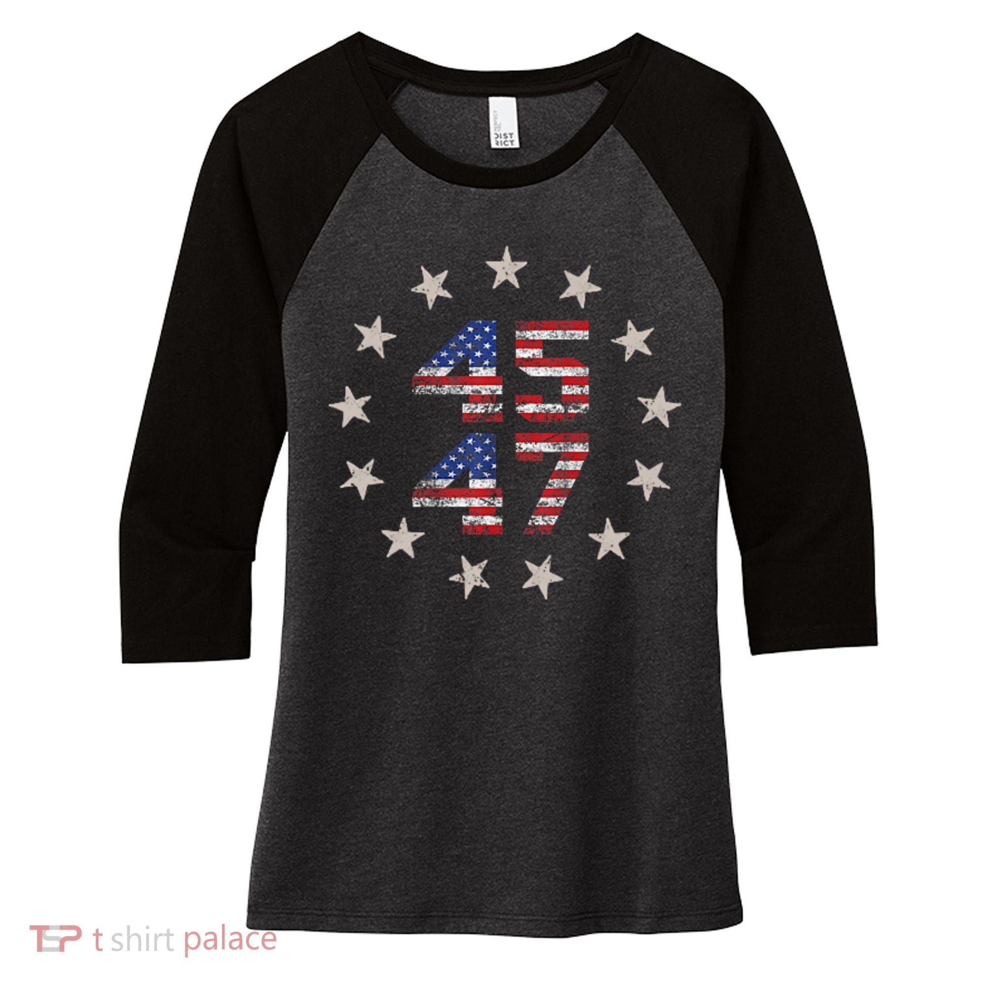 45 47 Trump 2024 American Flag Front And Back Women's Tri-Blend 3/4-Sleeve Raglan Shirt