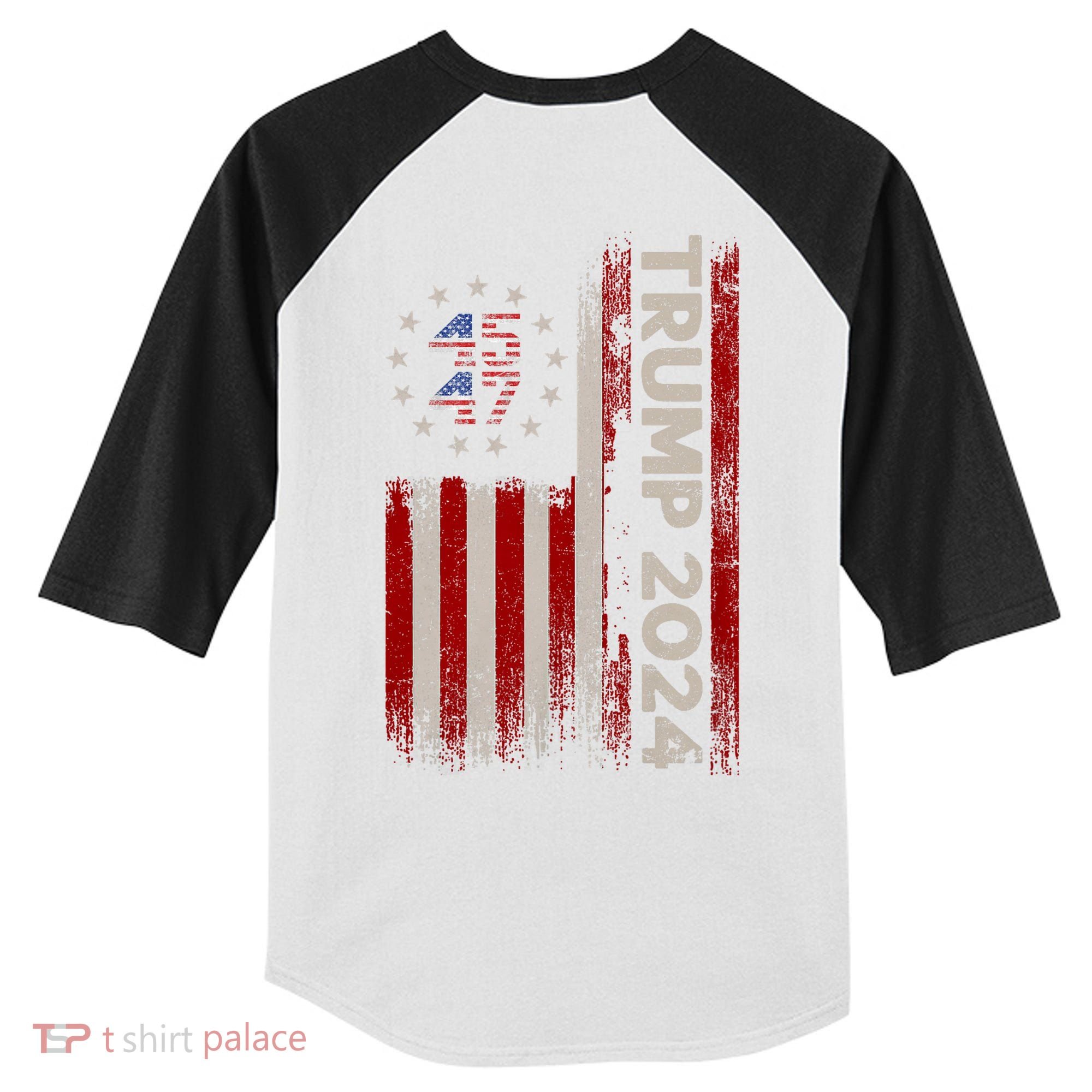 45 47 Trump 2024 American Flag Front And Back Kids Colorblock Raglan Jersey