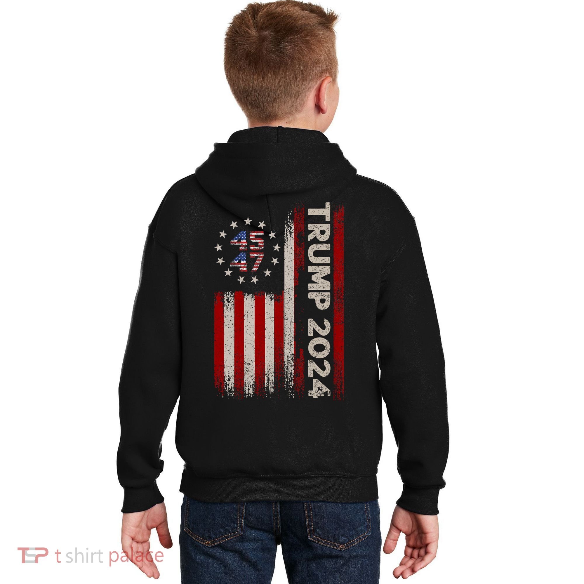 45 47 Trump 2024 American Flag Front And Back Kids Hoodie