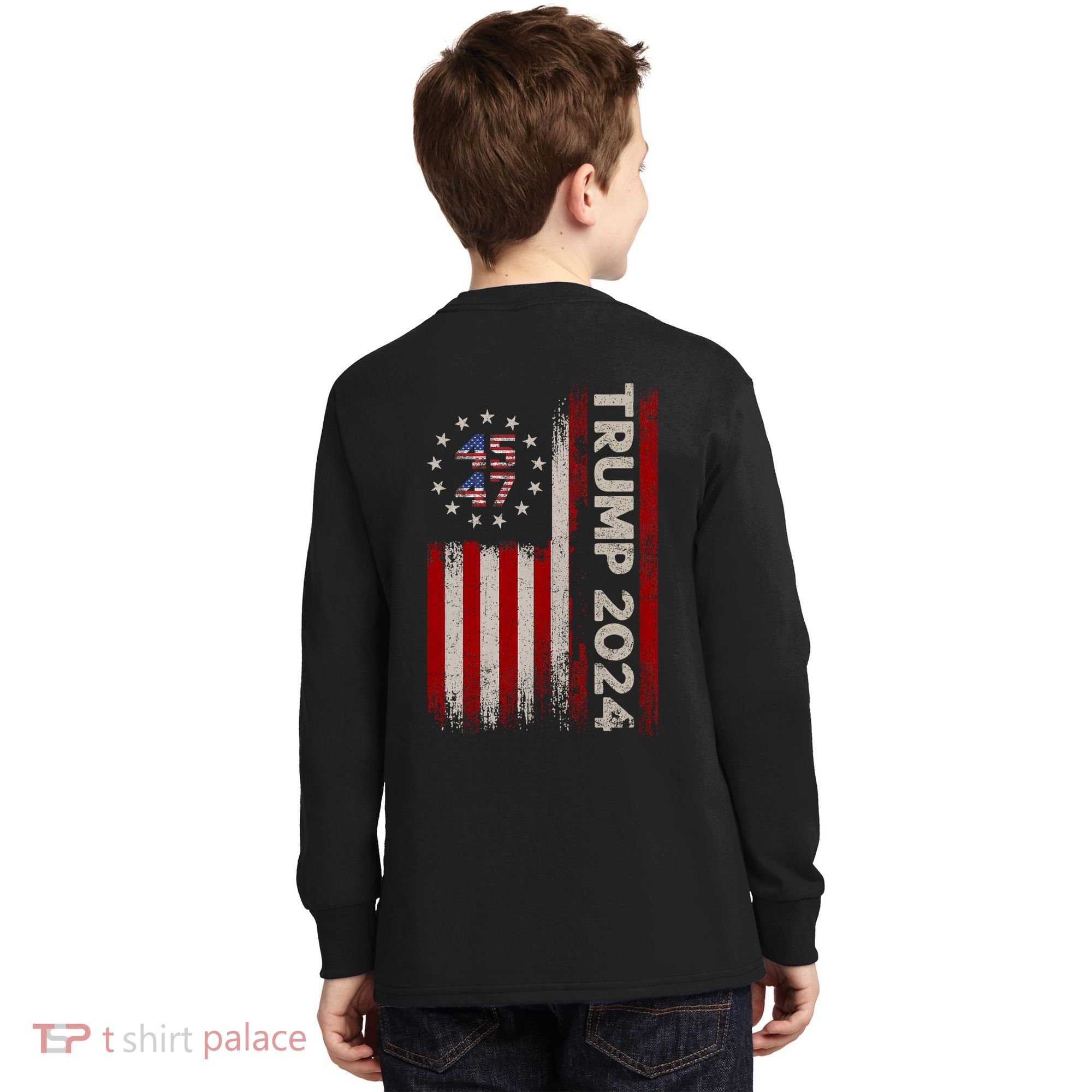 45 47 Trump 2024 American Flag Front And Back Kids Long Sleeve Shirt